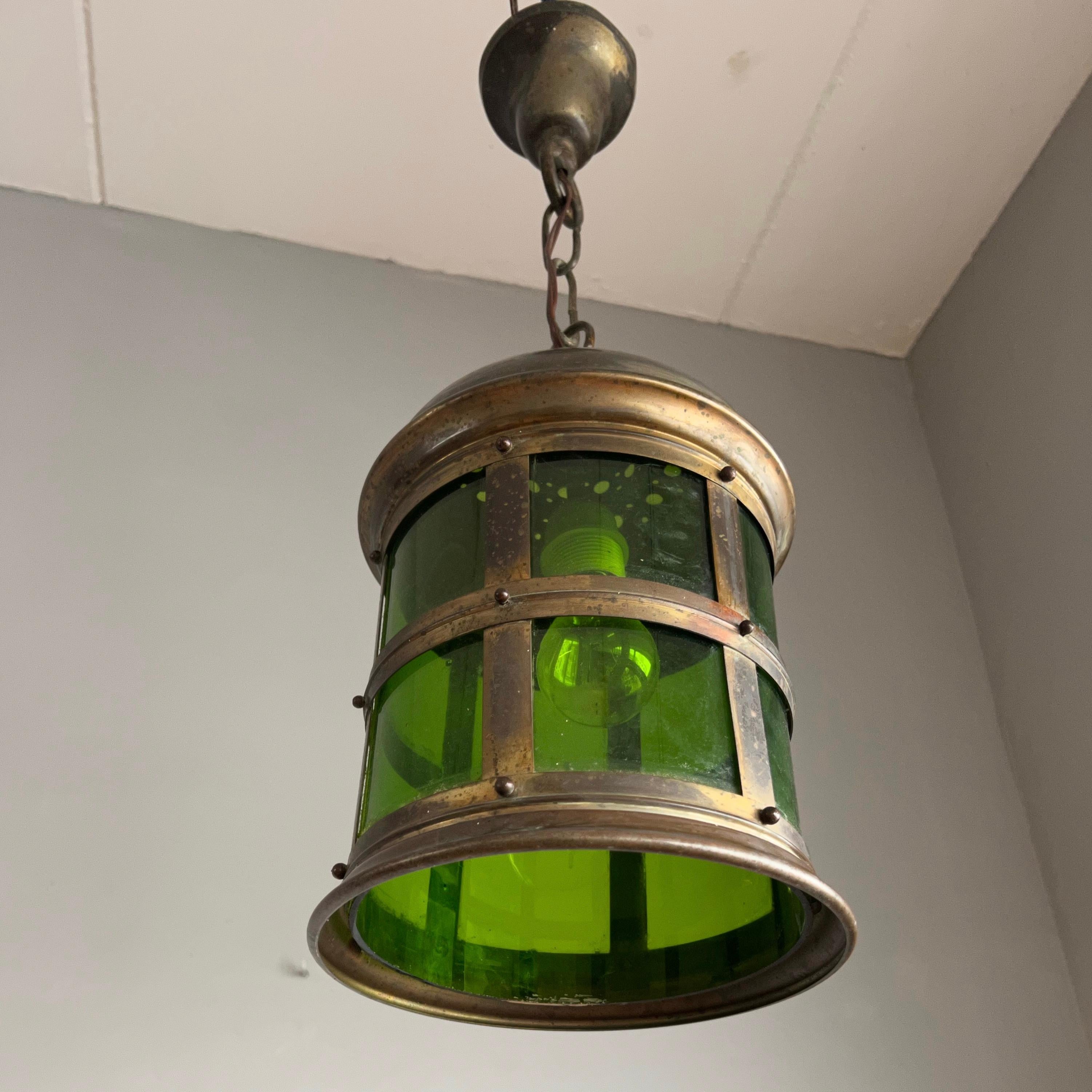 Dutch Arts & Crafts Handcrafted Copper & Green Stained Glass Circular Pendant Lantern For Sale