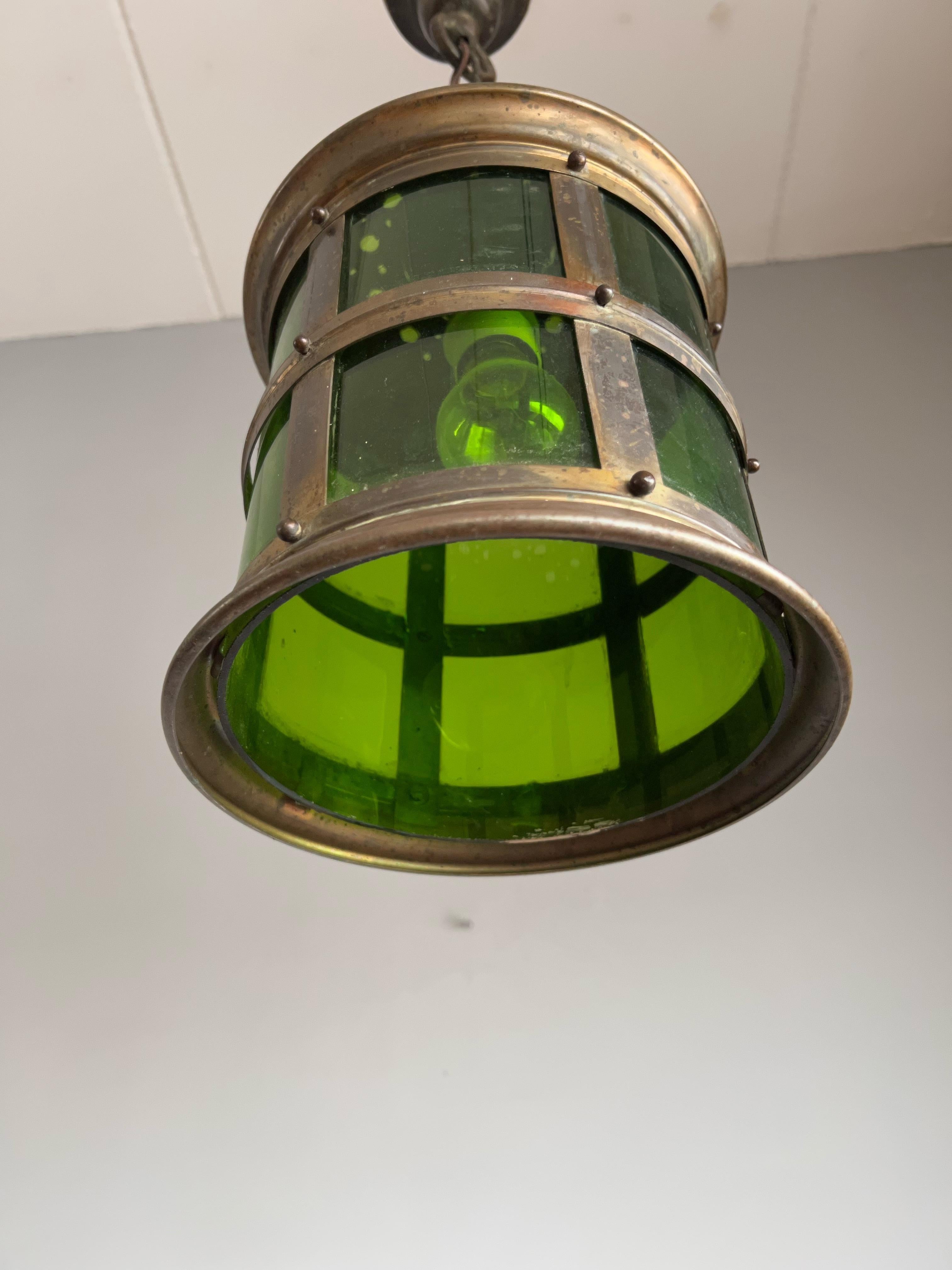 Arts & Crafts Handcrafted Copper & Green Stained Glass Circular Pendant Lantern In Excellent Condition For Sale In Lisse, NL