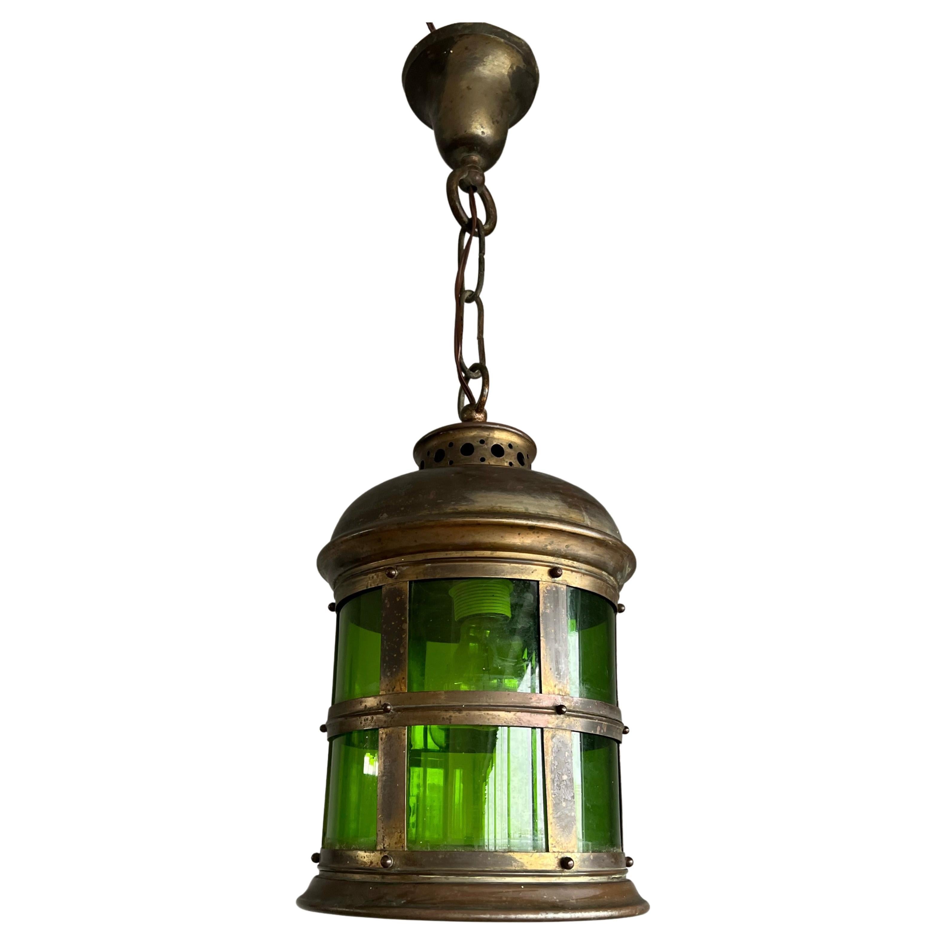 Arts & Crafts Handcrafted Copper & Green Stained Glass Circular Pendant Lantern