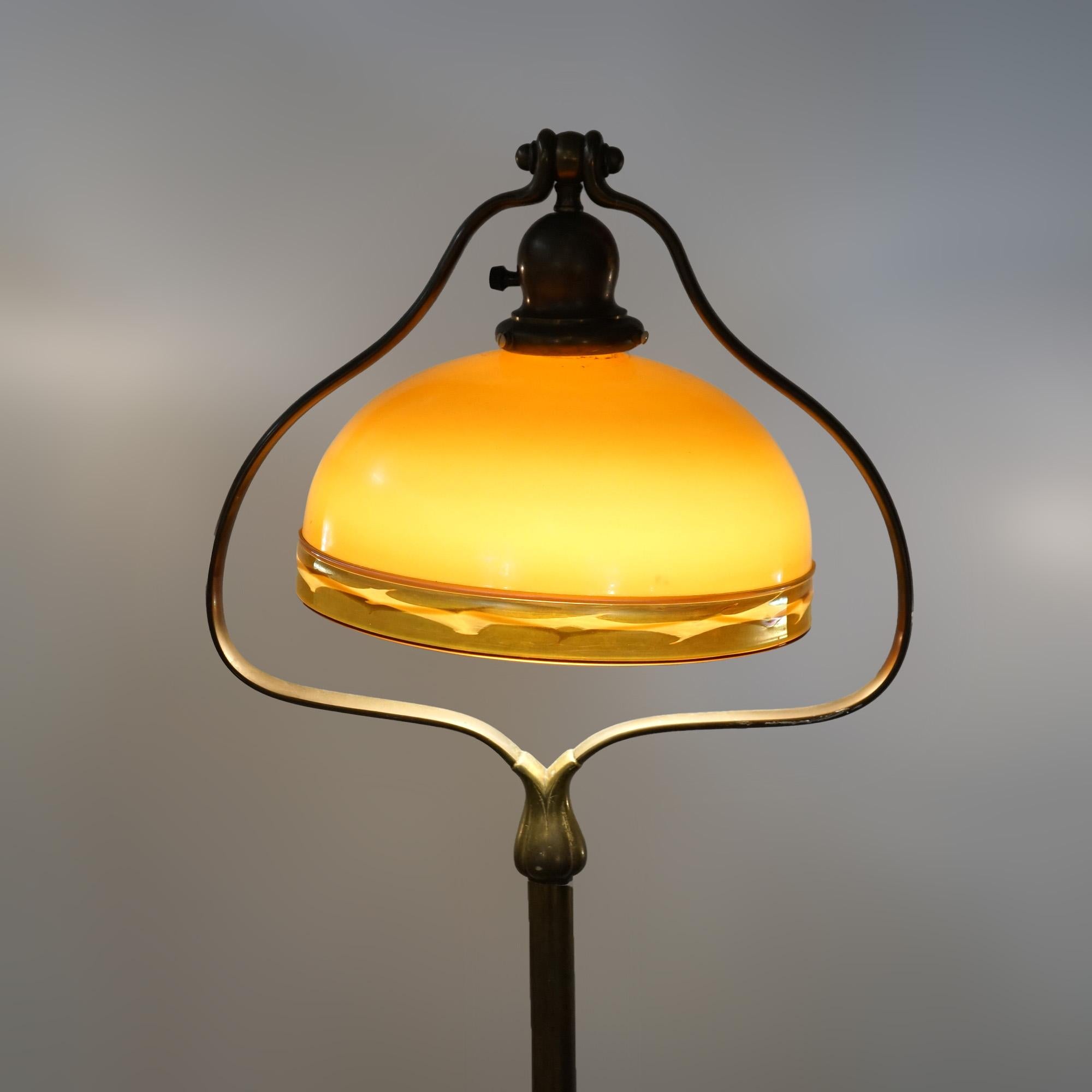 American Arts & Crafts Handel Brass Heart Floor Lamp & Steuben Decorated Glass Shade For Sale