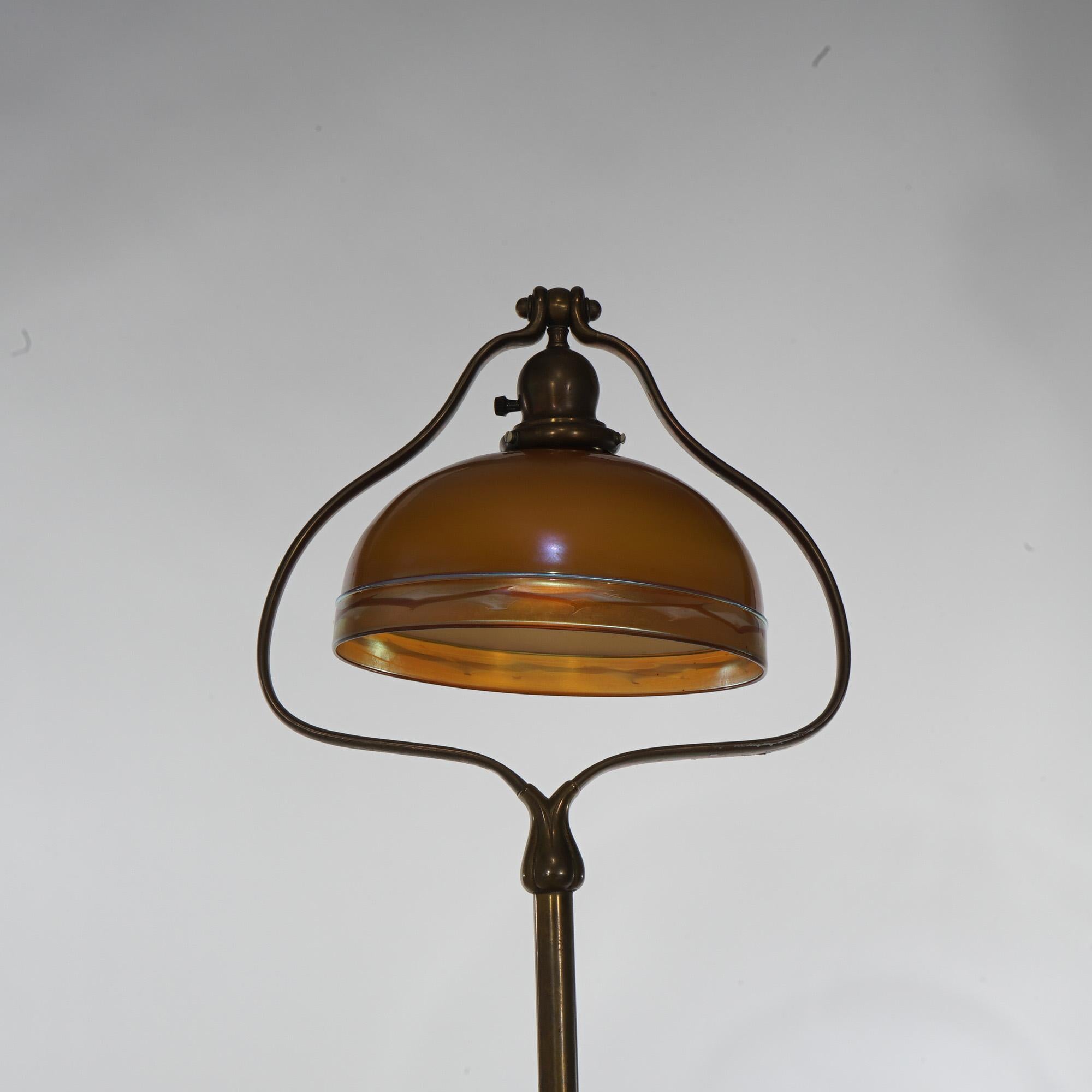 Arts & Crafts Handel Brass Heart Floor Lamp & Steuben Decorated Glass Shade In Good Condition For Sale In Big Flats, NY