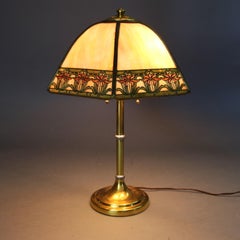 Arts & Crafts Handel Brothers Polychromed Paneled Bent Slag Glass Lamp