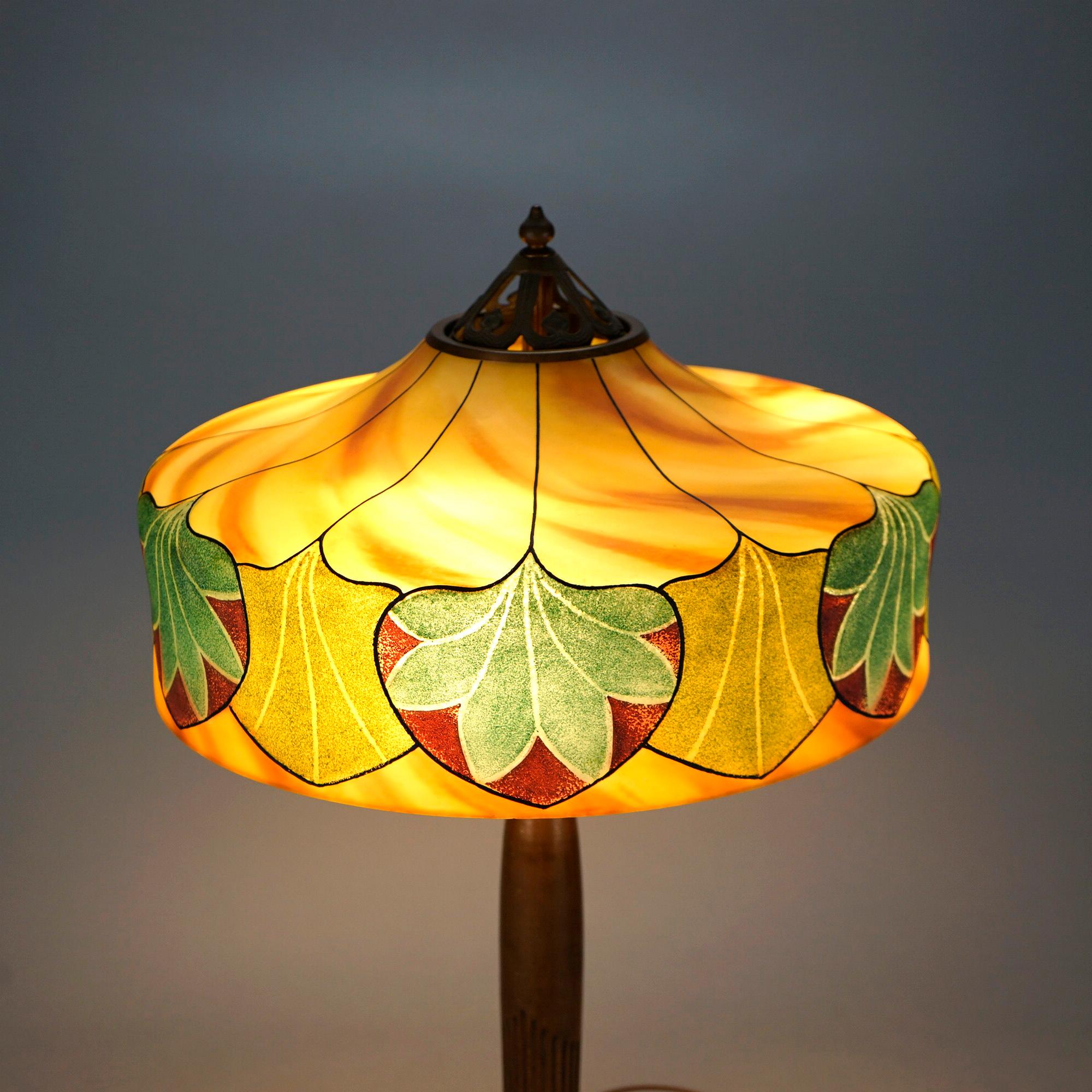 American Arts & Crafts Handel Obverse Reverse Painted Table Lamp, Signed, Shade No.5347