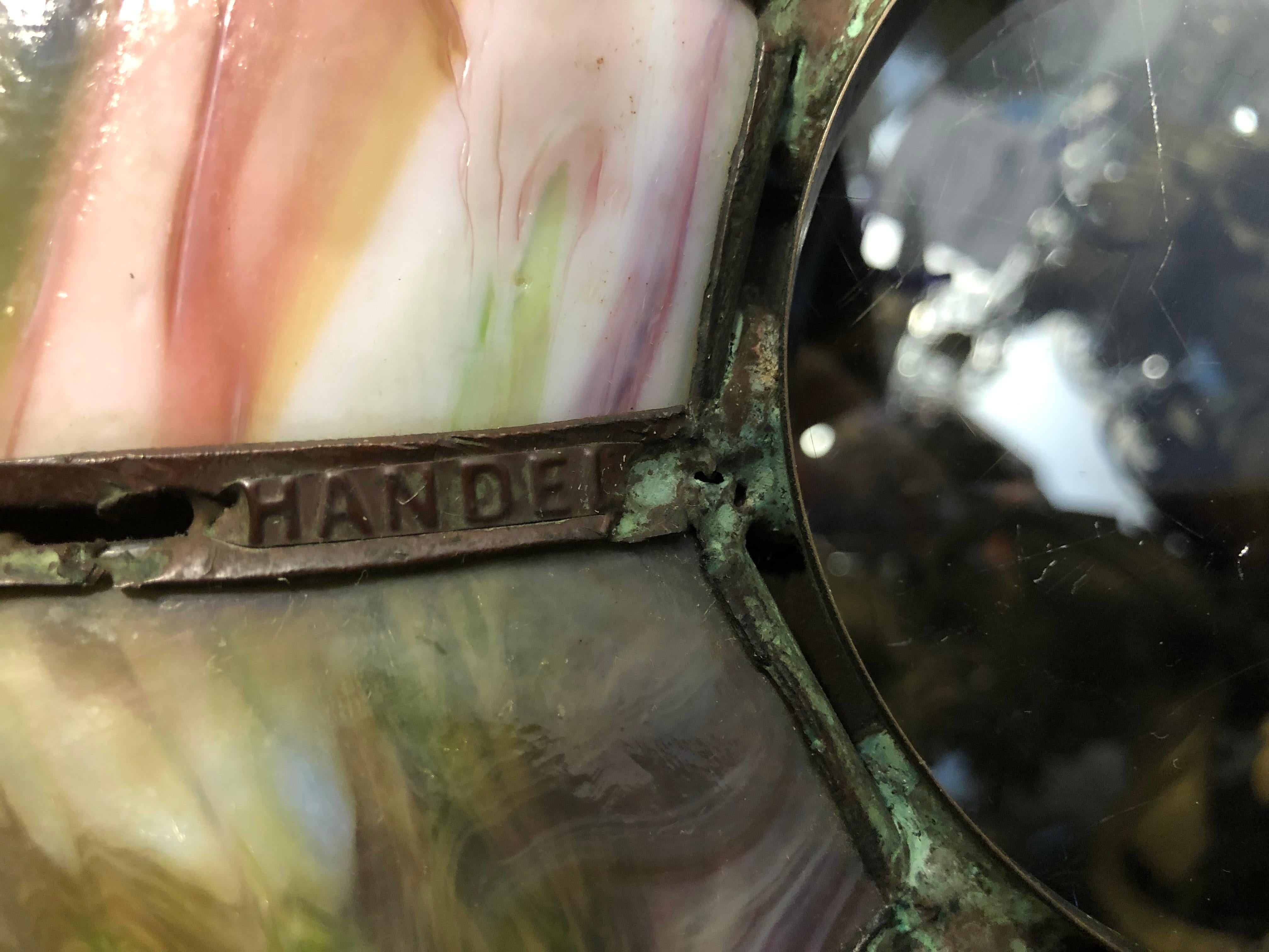 Handel Co. Arts and Crafts, lampe de bureau palmier, verre d'art, bronze, années 1900 en vente 9
