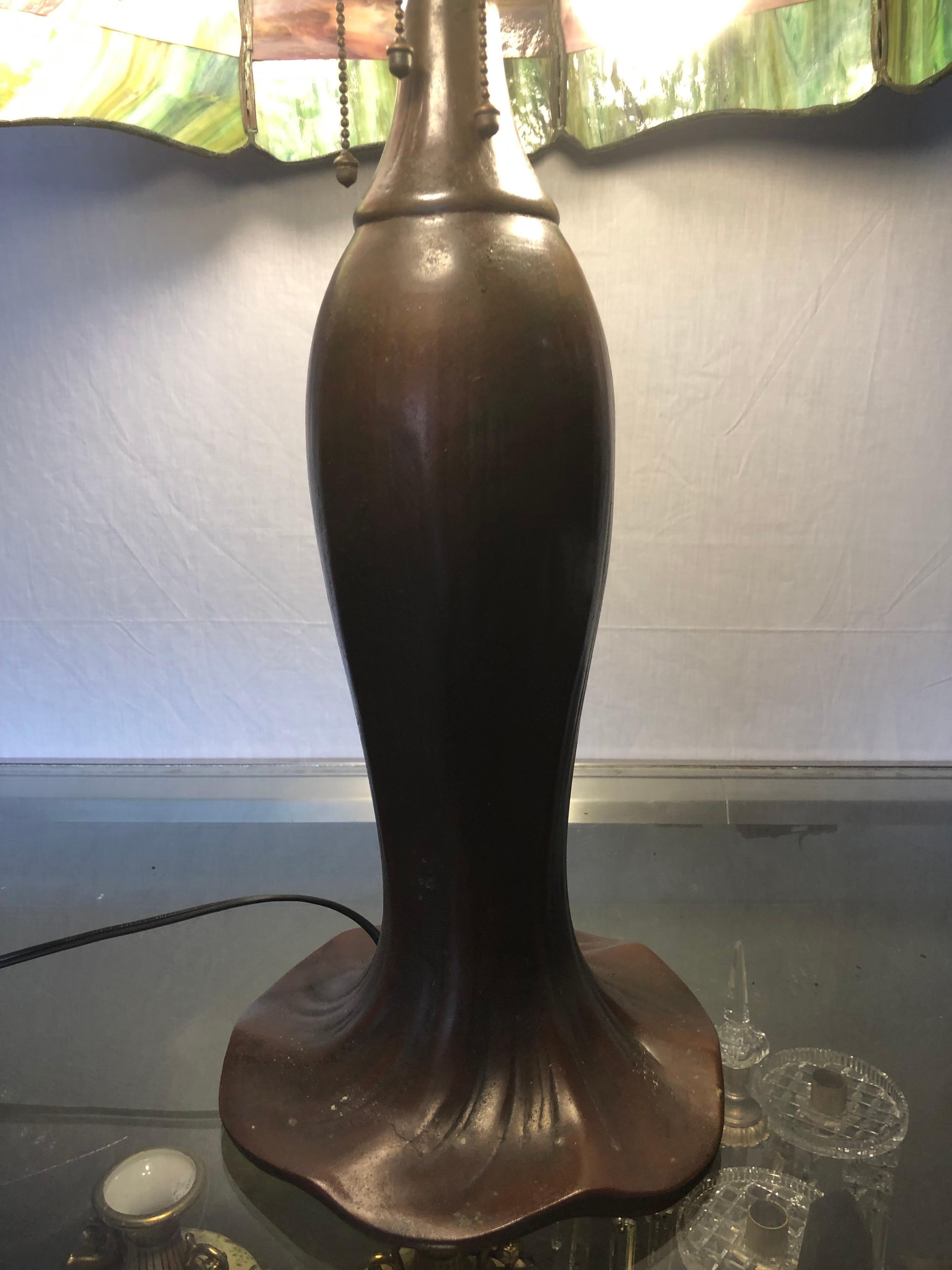 Handel Co. Arts and Crafts, lampe de bureau palmier, verre d'art, bronze, années 1900 en vente 14