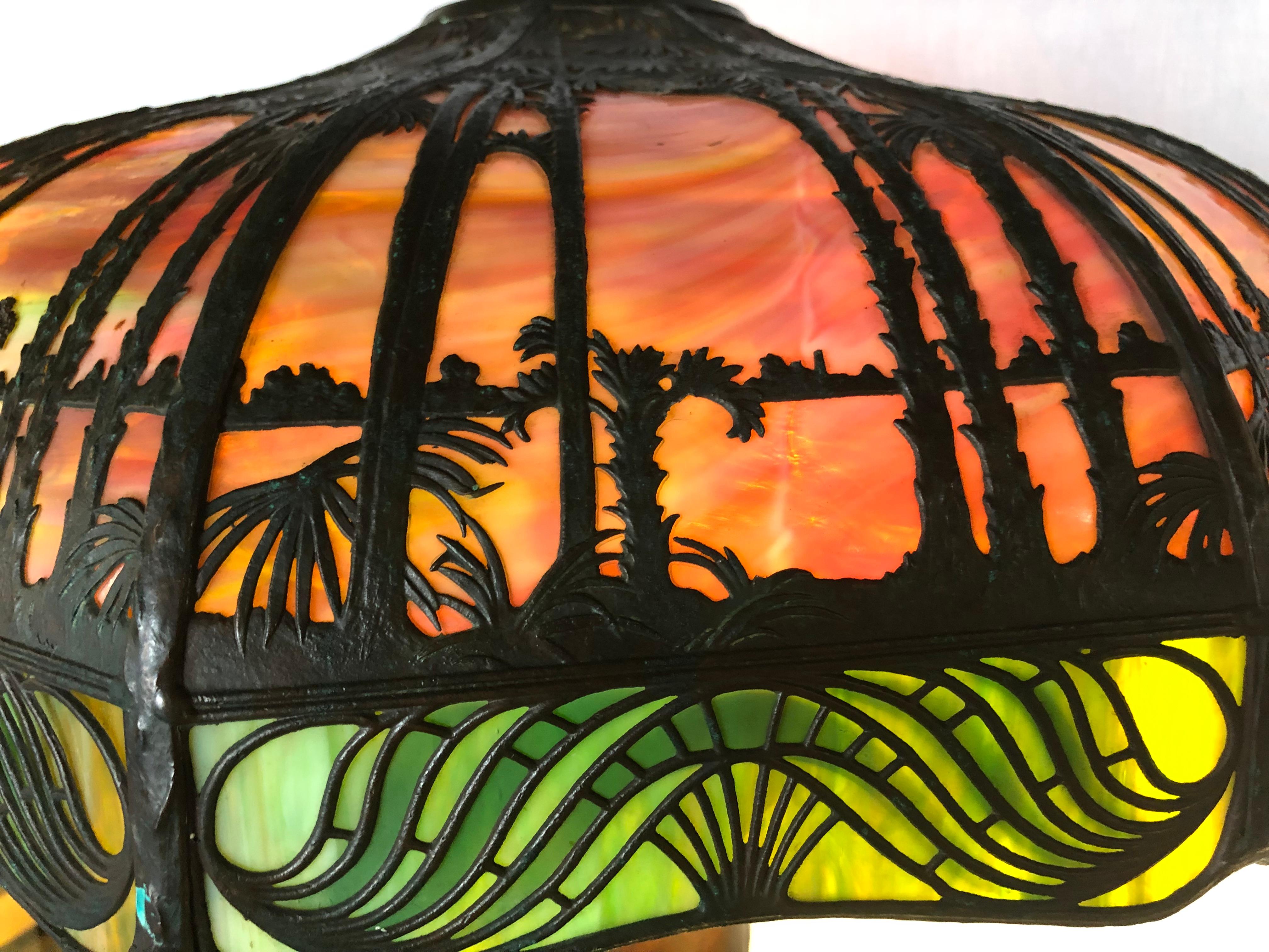 Handel Co., Arts and Crafts, Palm Tree Table Lamp, Art Glass, Bronze, 1900s In Good Condition For Sale In Stamford, CT