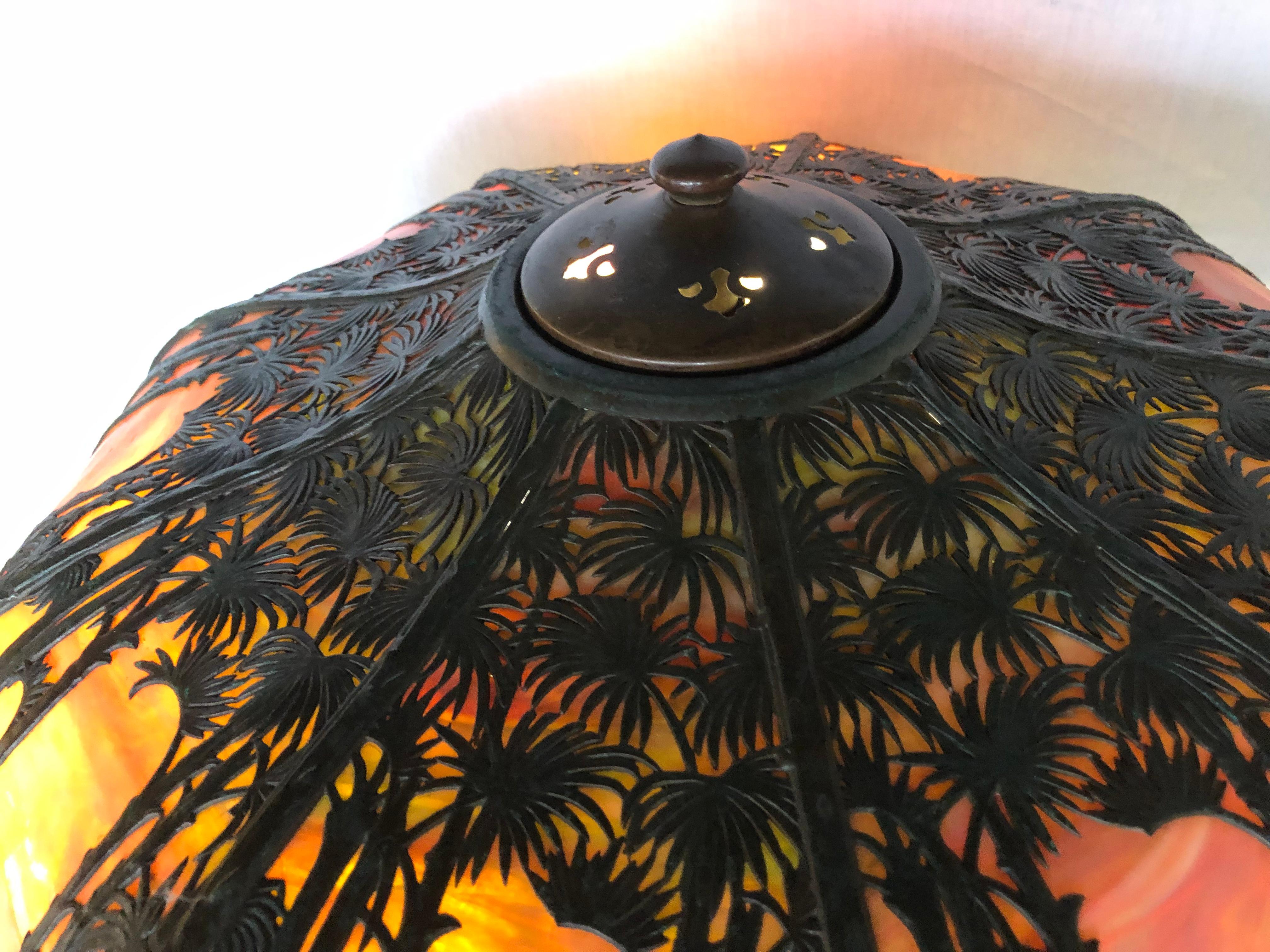 20th Century Handel Co., Arts and Crafts, Palm Tree Table Lamp, Art Glass, Bronze, 1900s For Sale