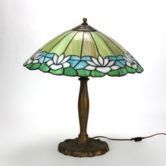 Arts & Crafts Handel School Leaded Stained Glass Water Lily Table Lamp c1920