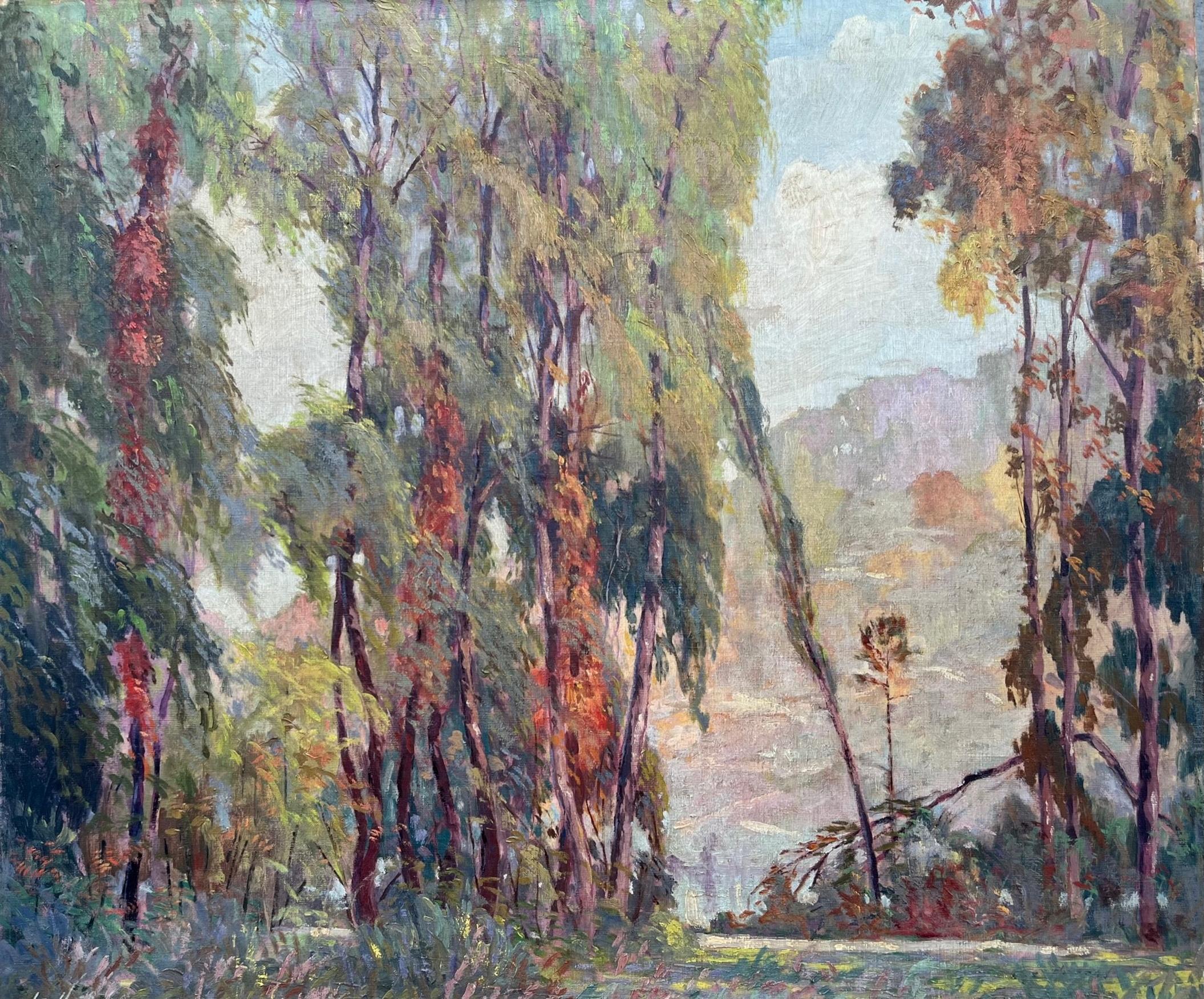 Kunsthandwerklich-impressionistische Landschaftsmalerei, Chicagoer Künstler, 1926

Dieses Gemälde ist ein perfektes Beispiel für die Arts & Crafts-Bewegung. Es ist ein ausgereiftes Kunstwerk und zeugt von Können und Fantasie. Das