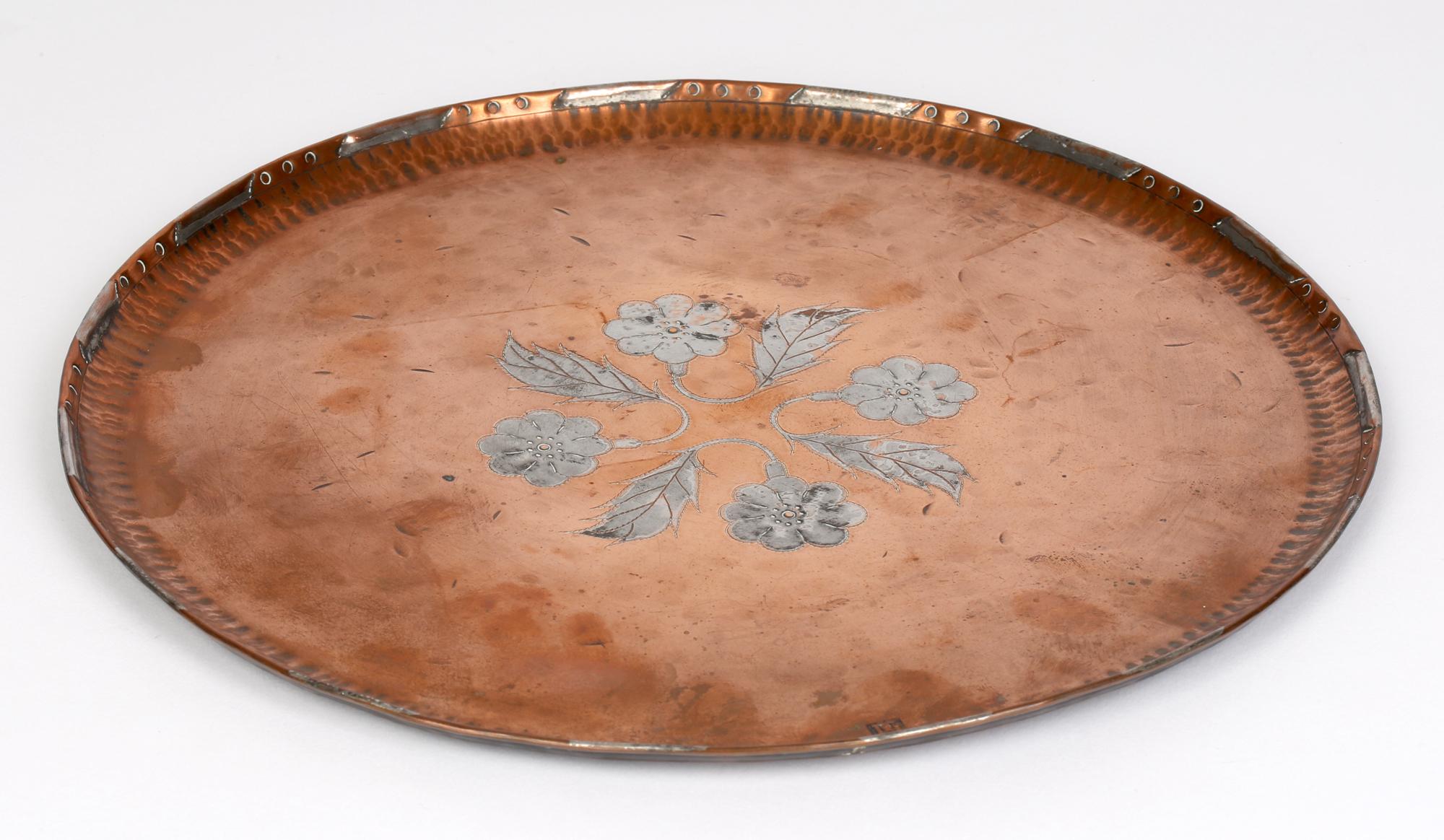 Arts & Crafts Inlaid Floral Design Copper Tray Hugh Wallis Style Signed PG 2