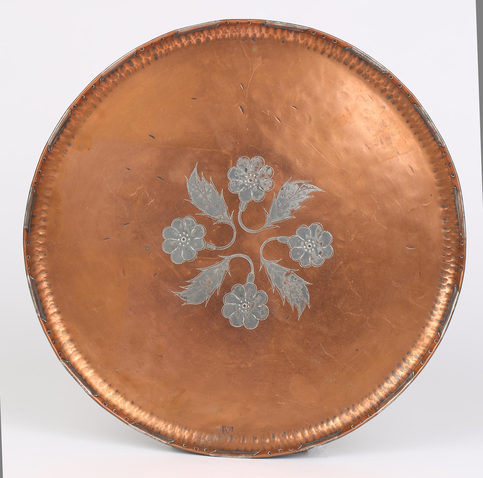 Hand-Crafted Arts & Crafts Inlaid Floral Design Copper Tray Hugh Wallis Style Signed PG