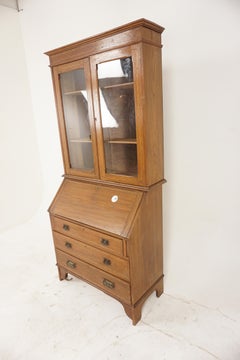 Arts & Crafts Inlaid Oak Desk, Bureau Bookcase, Scotland 1910, H1000
