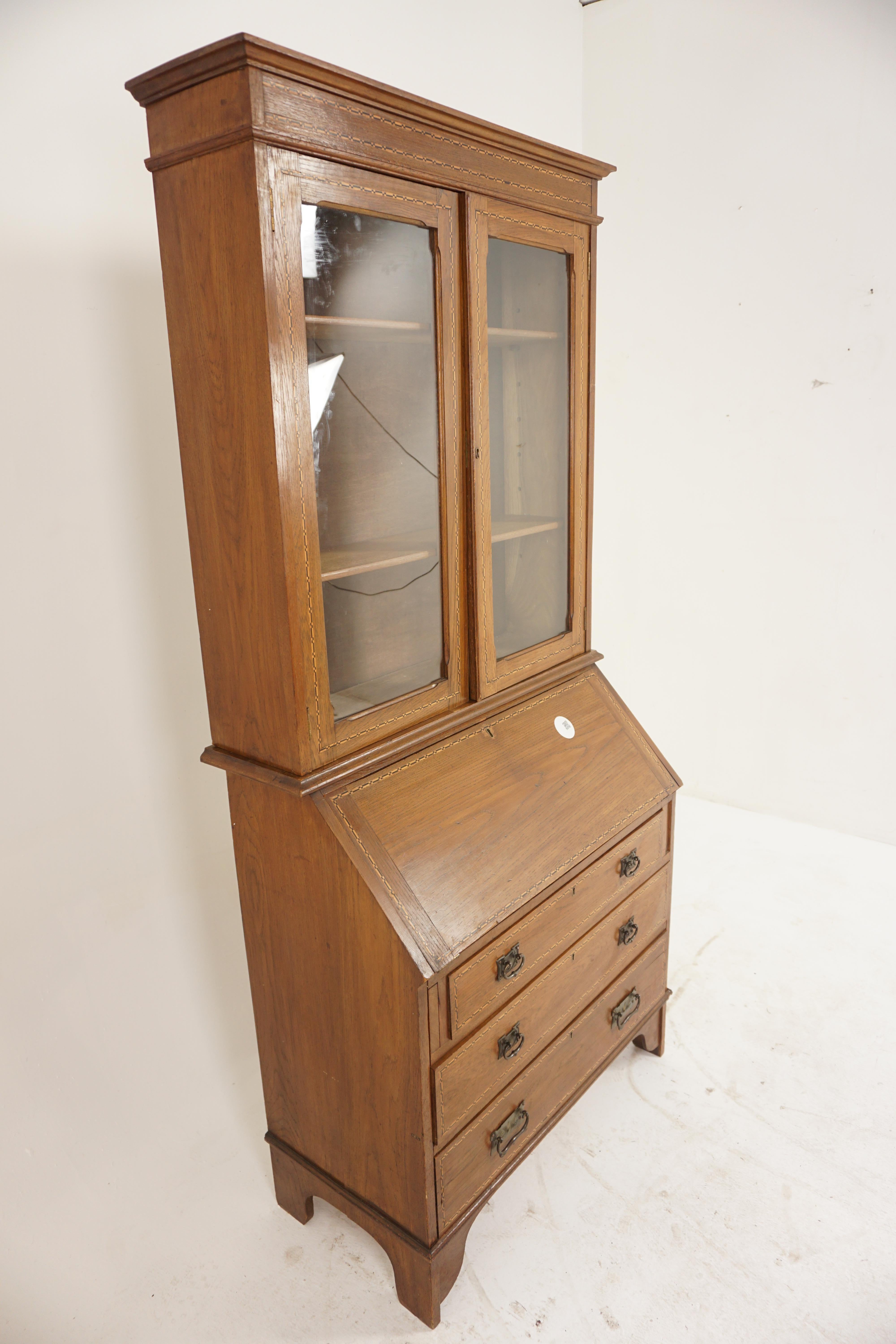 Arts and Crafts-Schreibtisch aus Eichenholz mit Intarsien, Büro-Bücherregal, Schottland 1910, H1000 (Schottisch) im Angebot