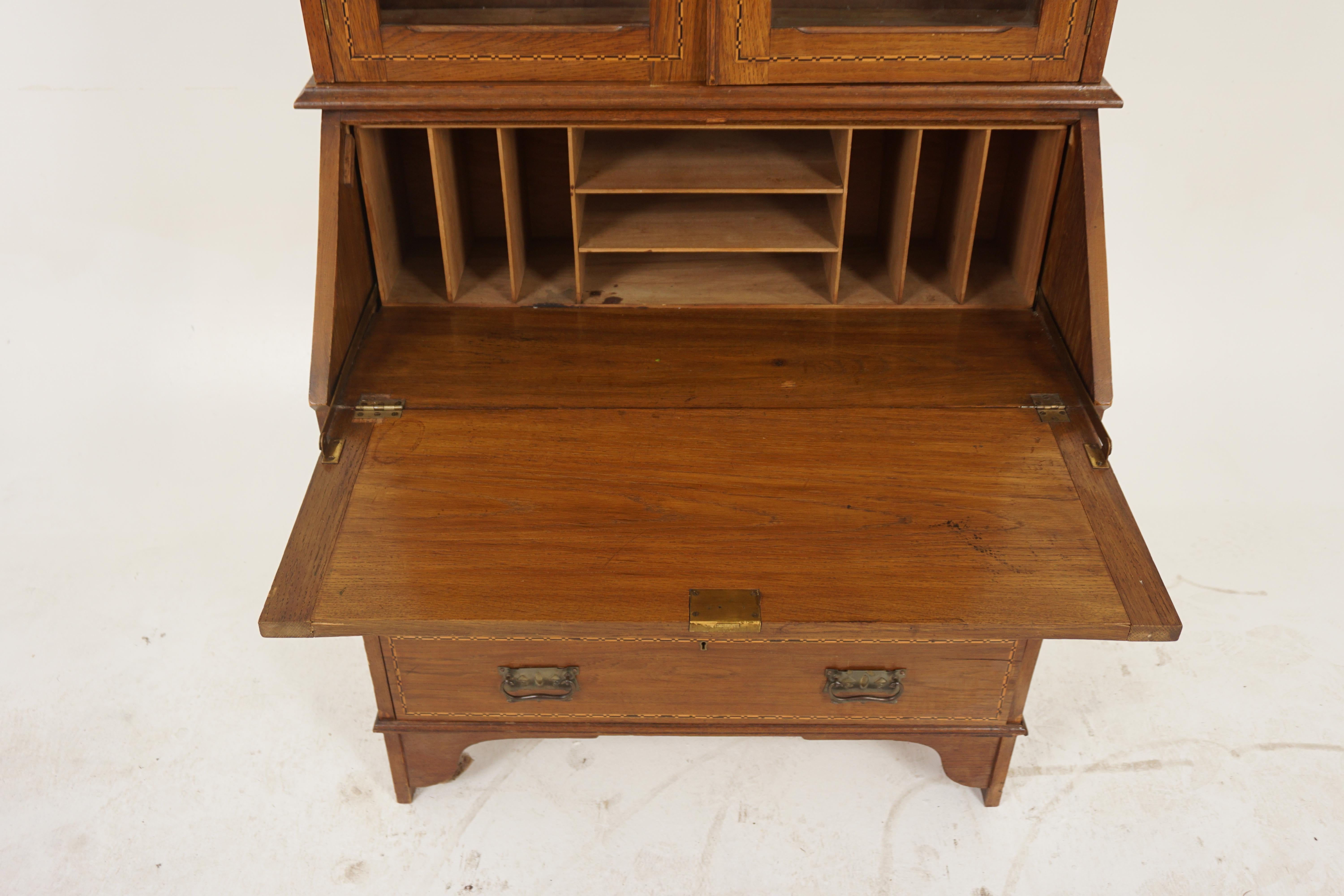 Arts & Crafts Inlaid Oak Desk, Bureau Bookcase, Scotland 1910, H1000 In Good Condition For Sale In Vancouver, BC