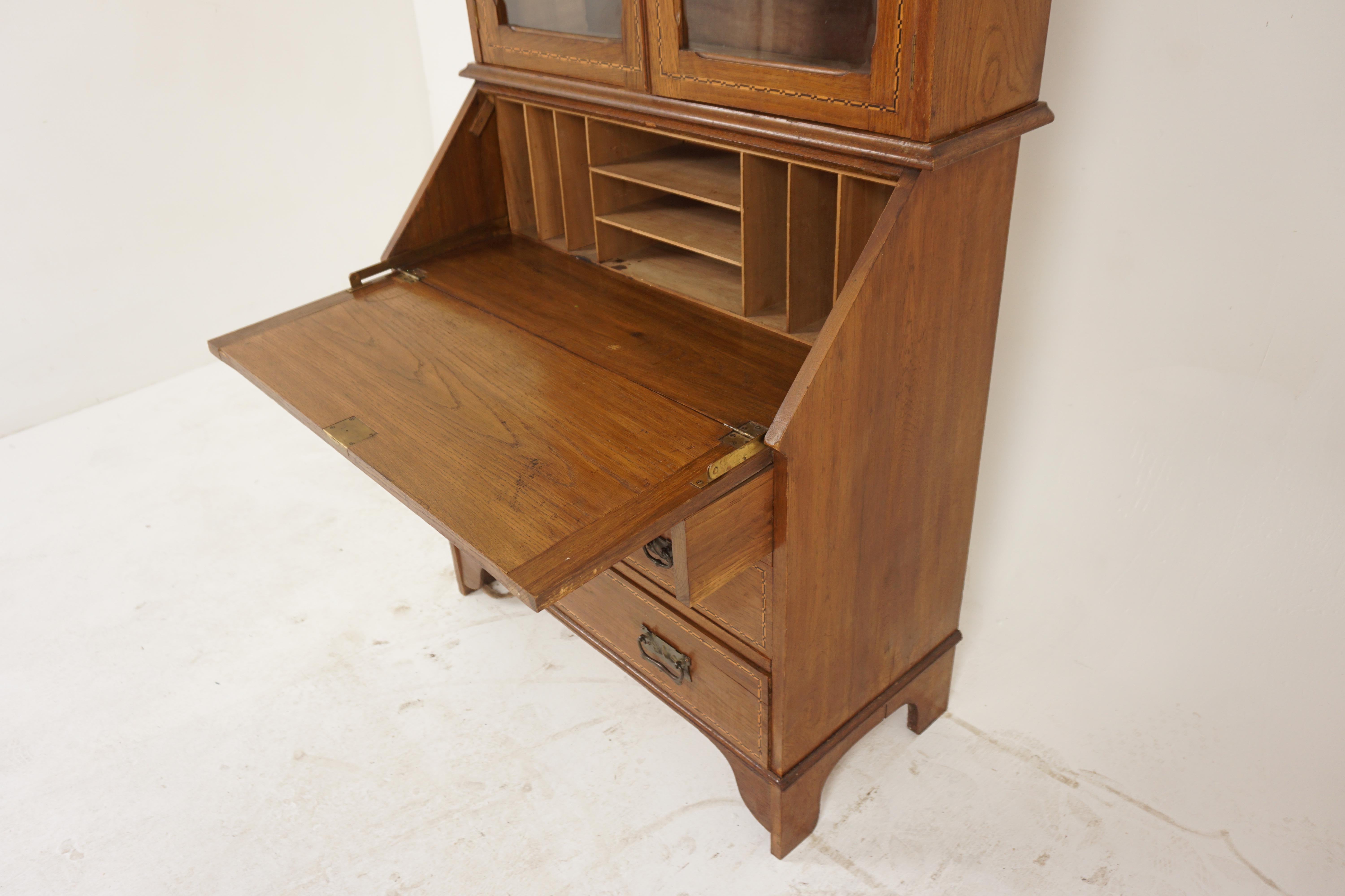 Early 20th Century Arts & Crafts Inlaid Oak Desk, Bureau Bookcase, Scotland 1910, H1000 For Sale