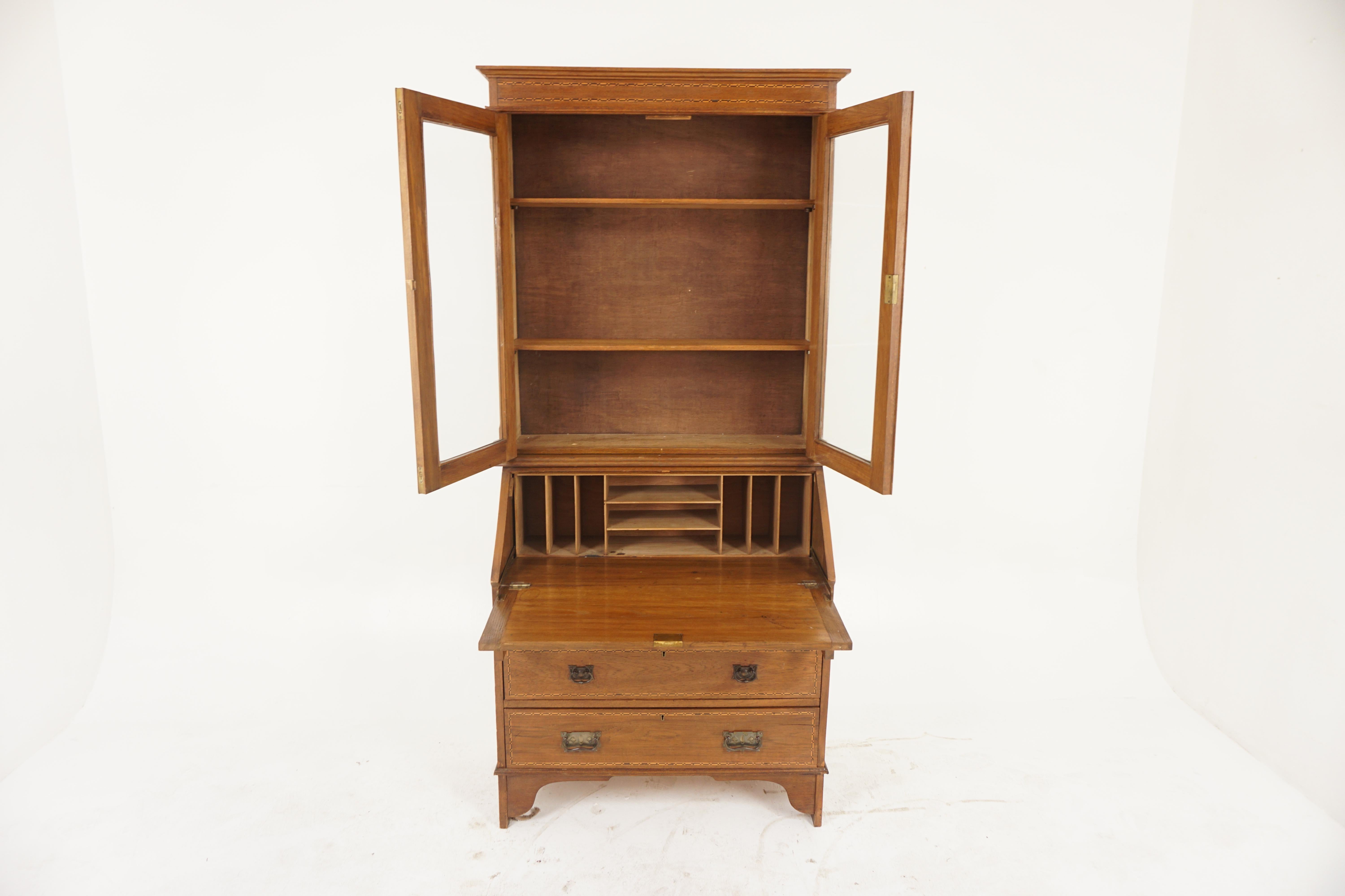 Arts & Crafts Inlaid Oak Desk, Bureau Bookcase, Scotland 1910, H1000 For Sale 2