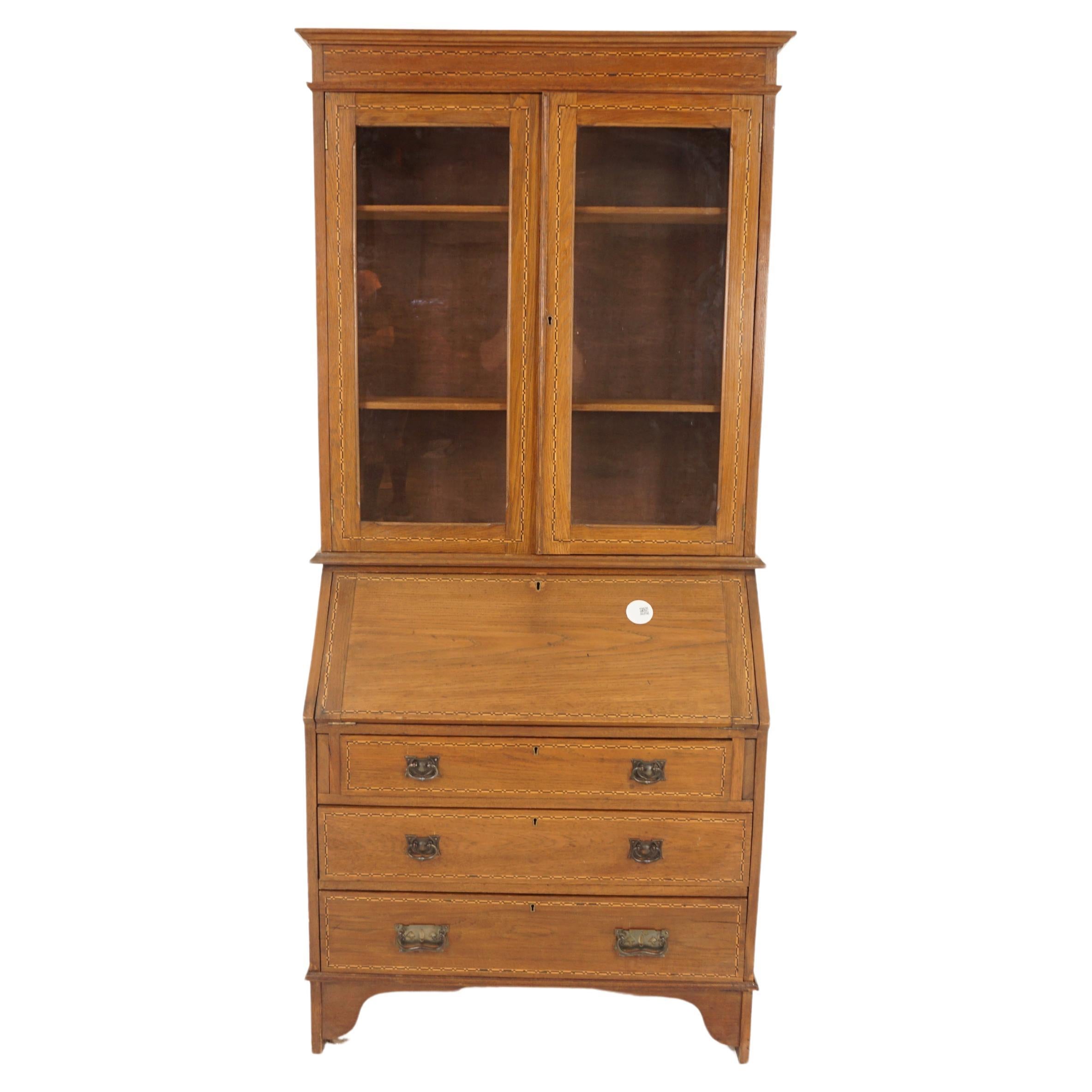 Arts & Crafts Inlaid Oak Desk, Bureau Bookcase, Scotland 1910, H1000 For Sale