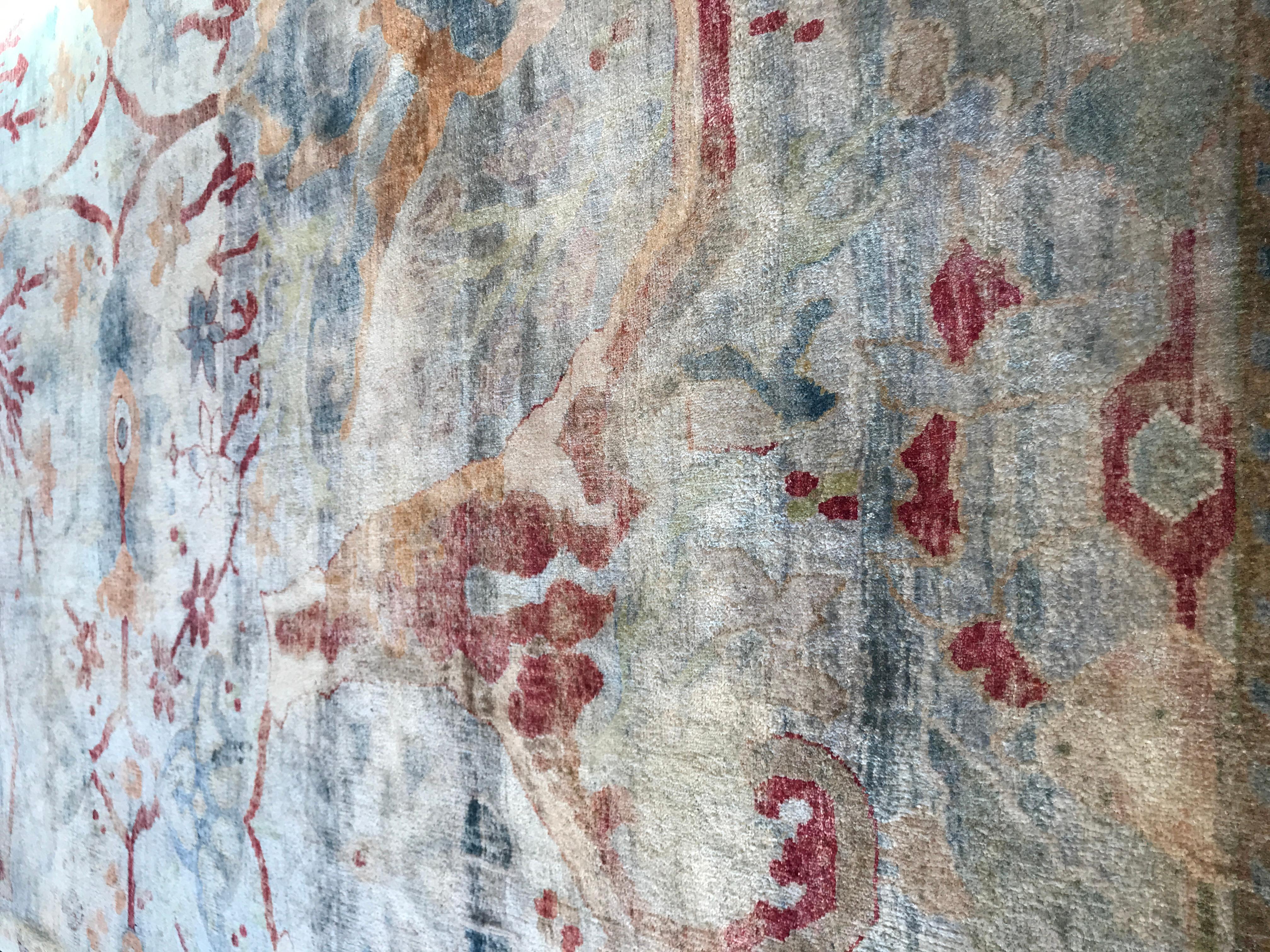 Hand-Crafted Arts & Crafts Inspired Hand-Knotted Rug Made with 100% Handspun Cocoon Silk For Sale