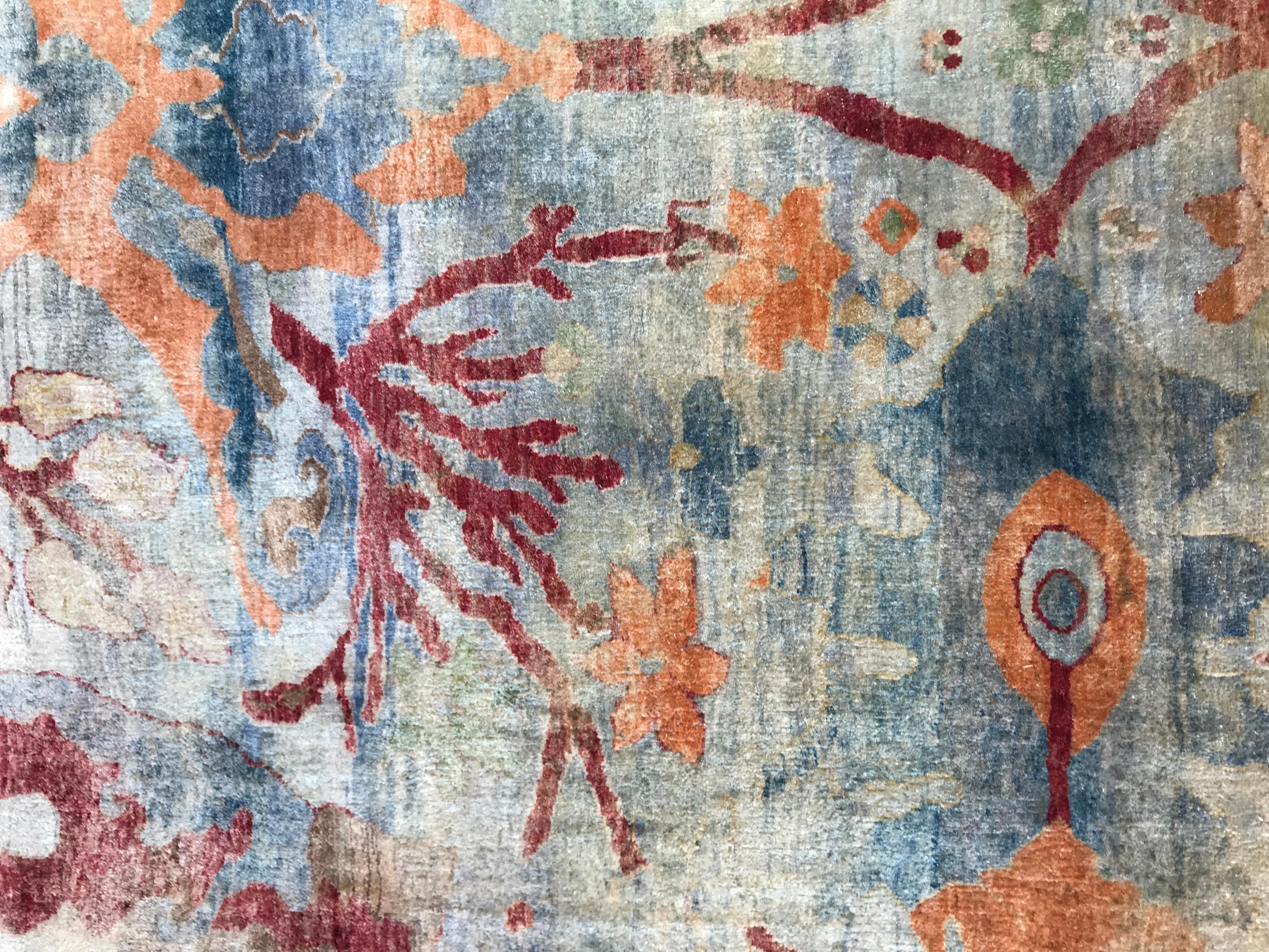 Contemporary Arts & Crafts Inspired Hand-Knotted Rug Made with 100% Handspun Cocoon Silk For Sale