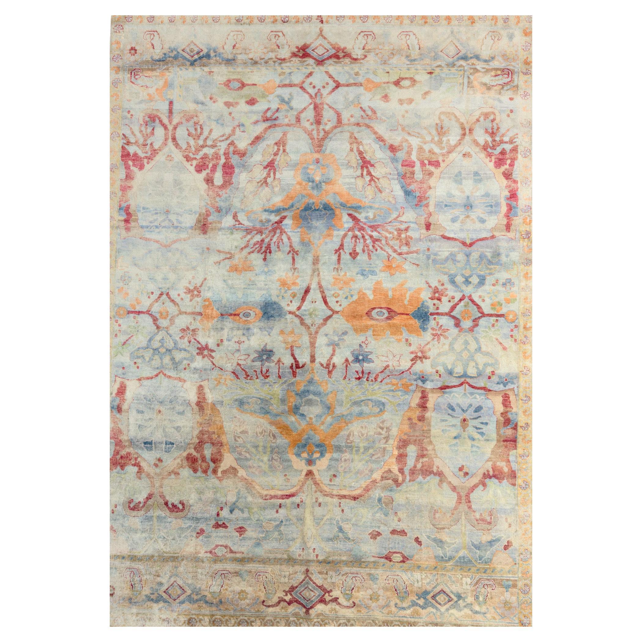 Arts & Crafts Inspired Hand-Knotted Rug Made with 100% Handspun Cocoon Silk For Sale