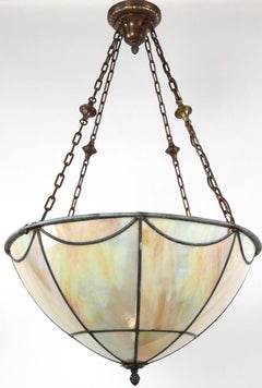 Arts & Crafts Iridescent Slag Glass Bowl Pendant Light
