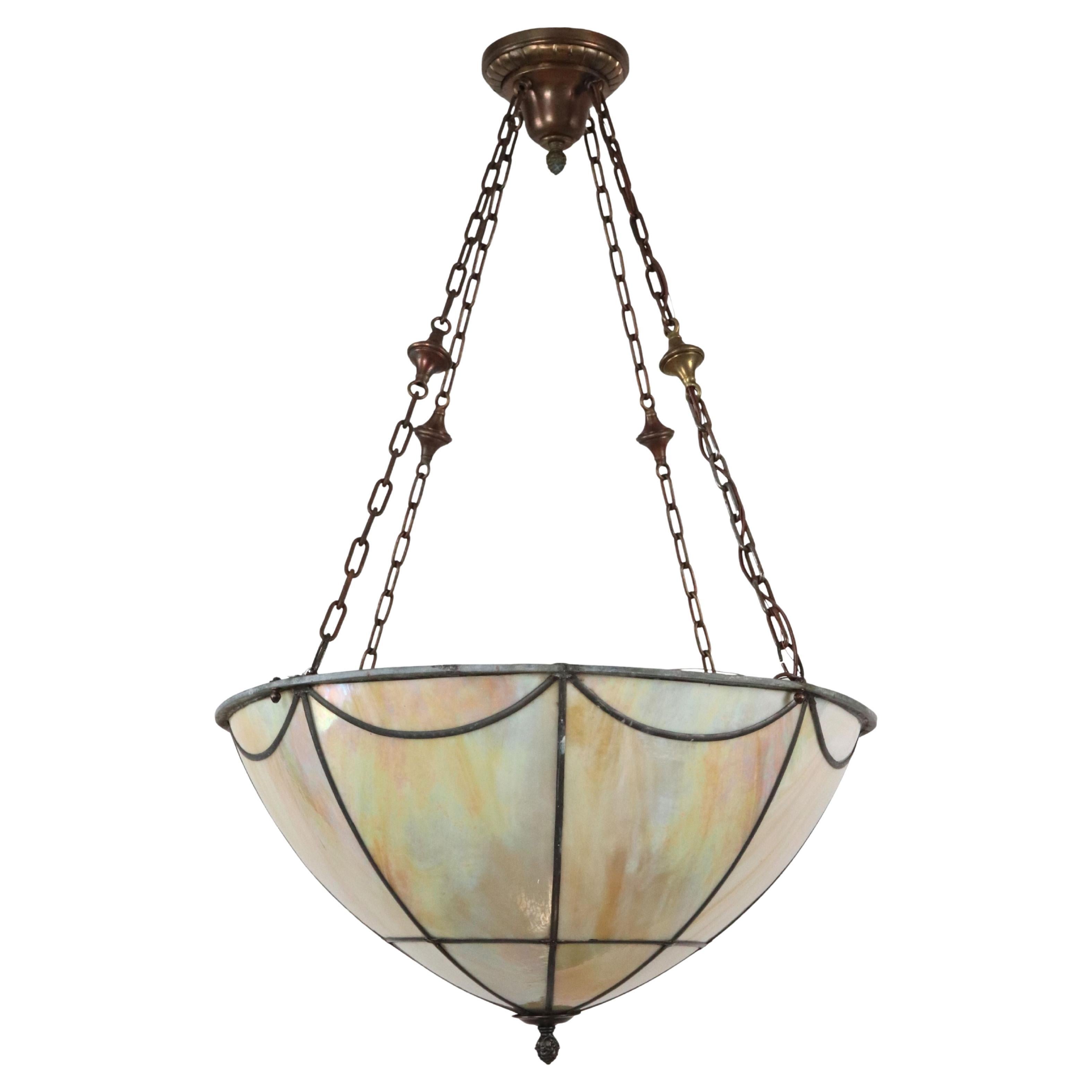 Arts & Crafts Iridescent Slag Glass Bowl Pendant Light