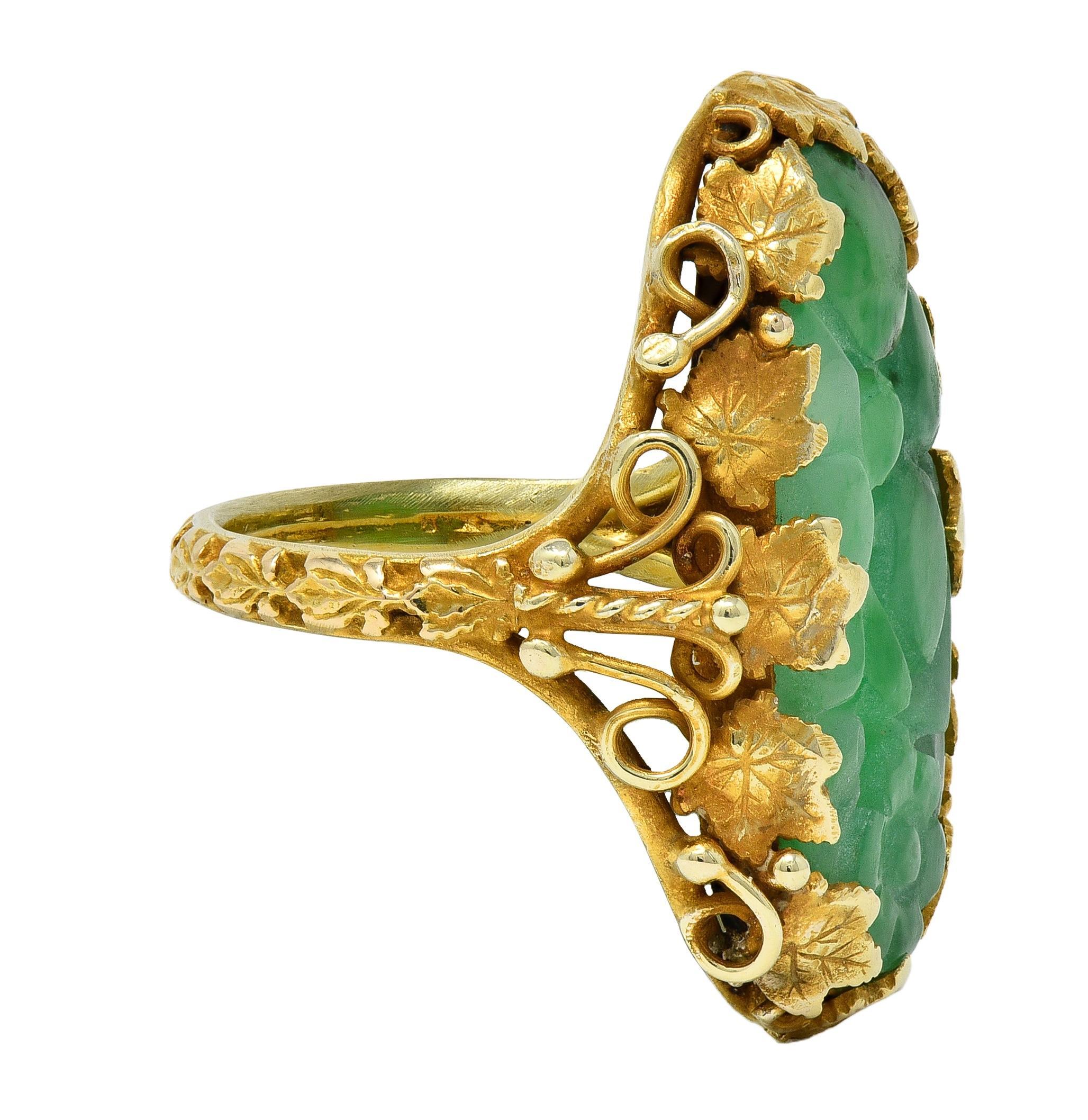 Mixed Cut Arts & Crafts Jade 14 Karat Yellow Gold Antique Ivy Fruit Flower Signet Ring For Sale