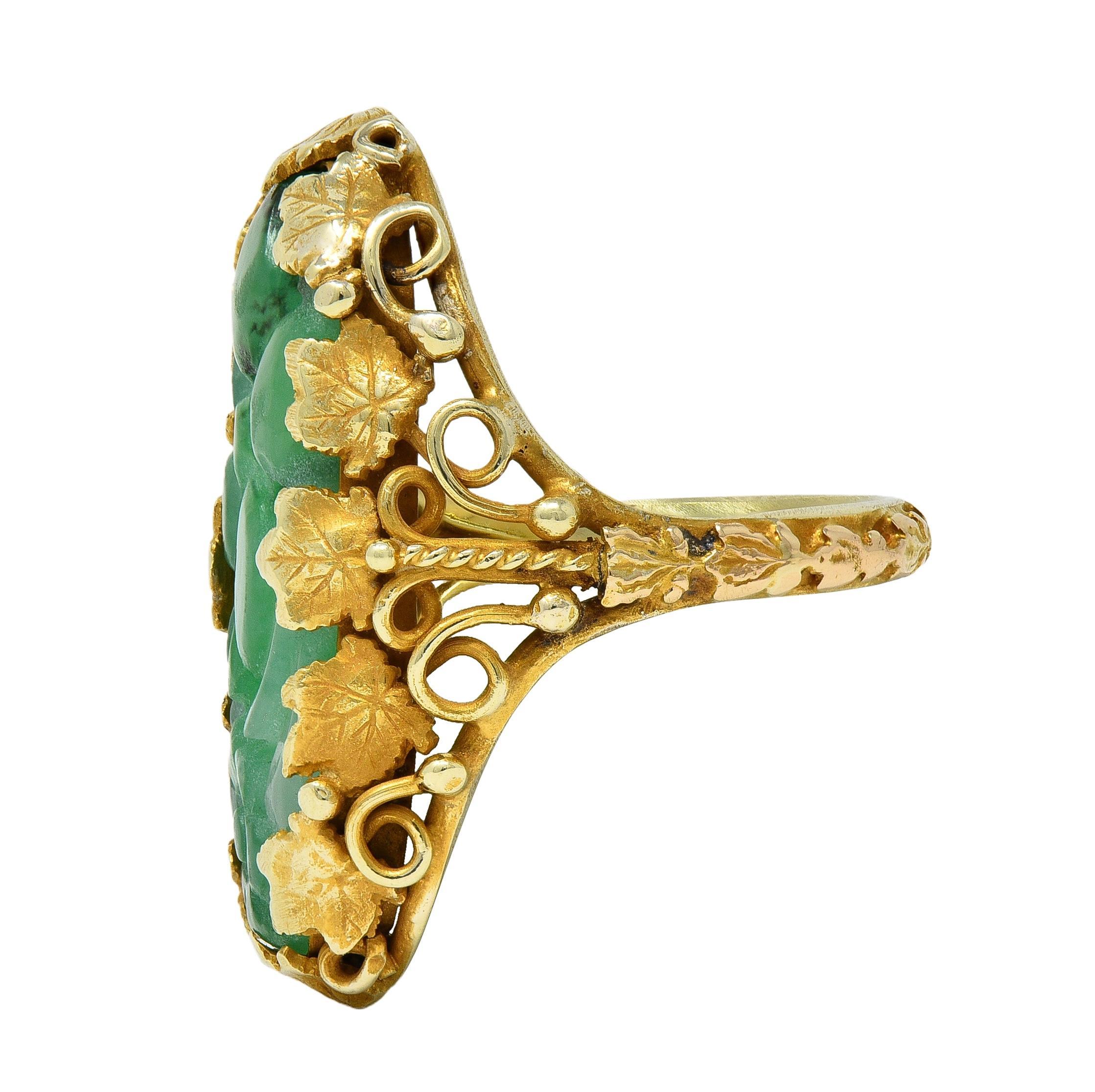 Women's or Men's Arts & Crafts Jade 14 Karat Yellow Gold Antique Ivy Fruit Flower Signet Ring For Sale