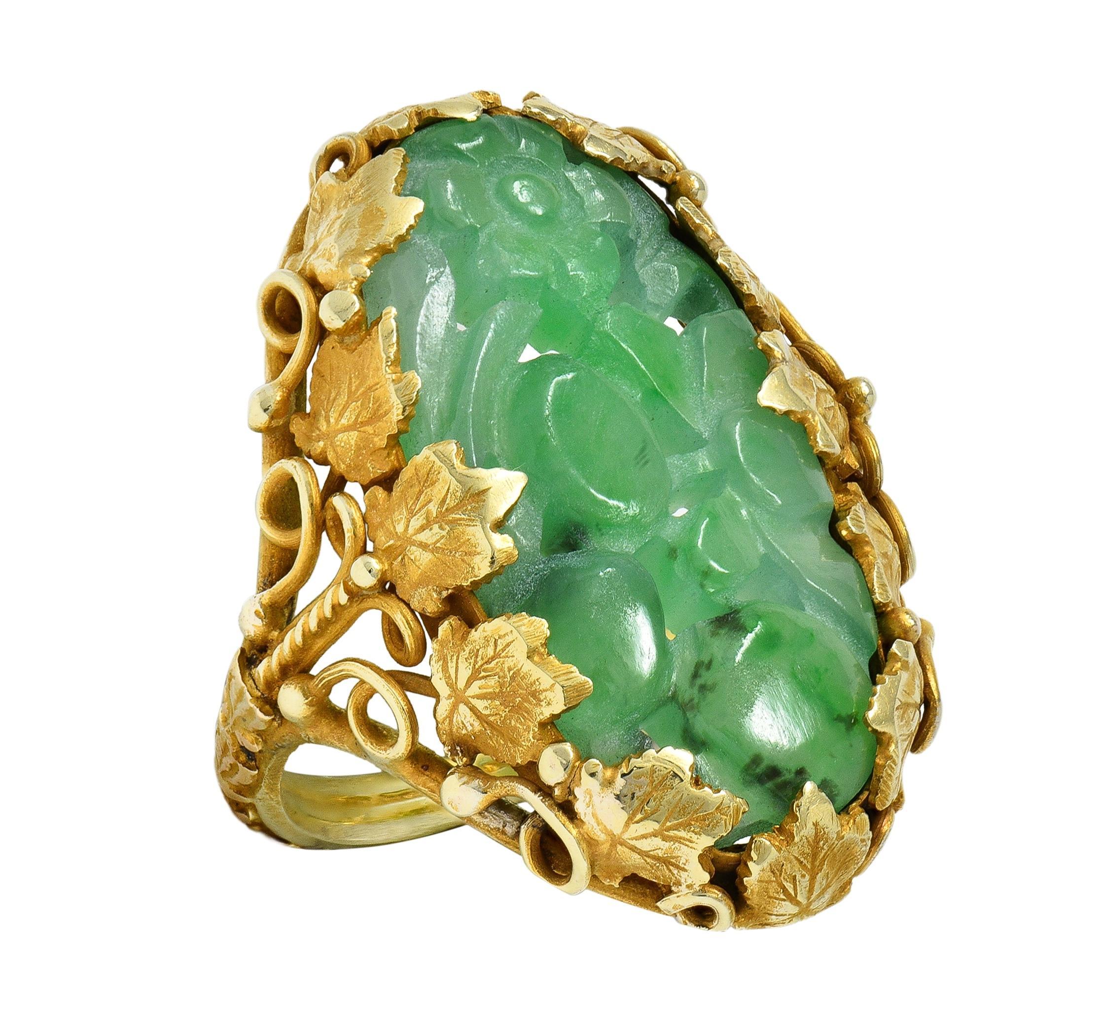 Arts & Crafts Jade 14 Karat Yellow Gold Antique Ivy Fruit Flower Signet Ring For Sale 2