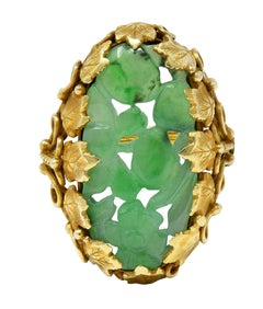 Arts & Crafts Jade 14 Karat Yellow Gold Antique Ivy Fruit Flower Signet Ring