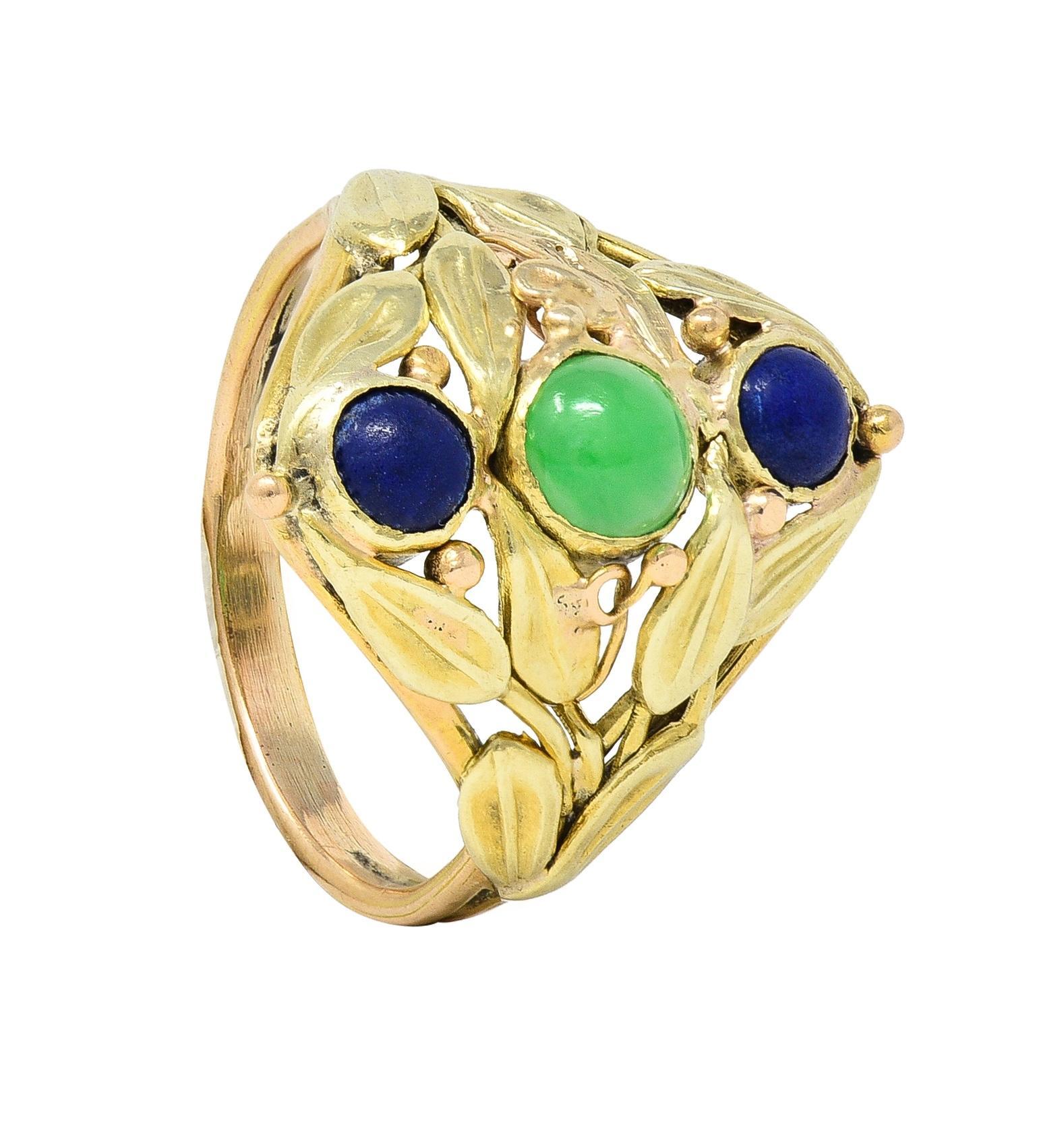 Arts & Crafts Jade Lapis Lazuli 14 Karat Two-Tone Gold Foliate Navette Ring For Sale 5