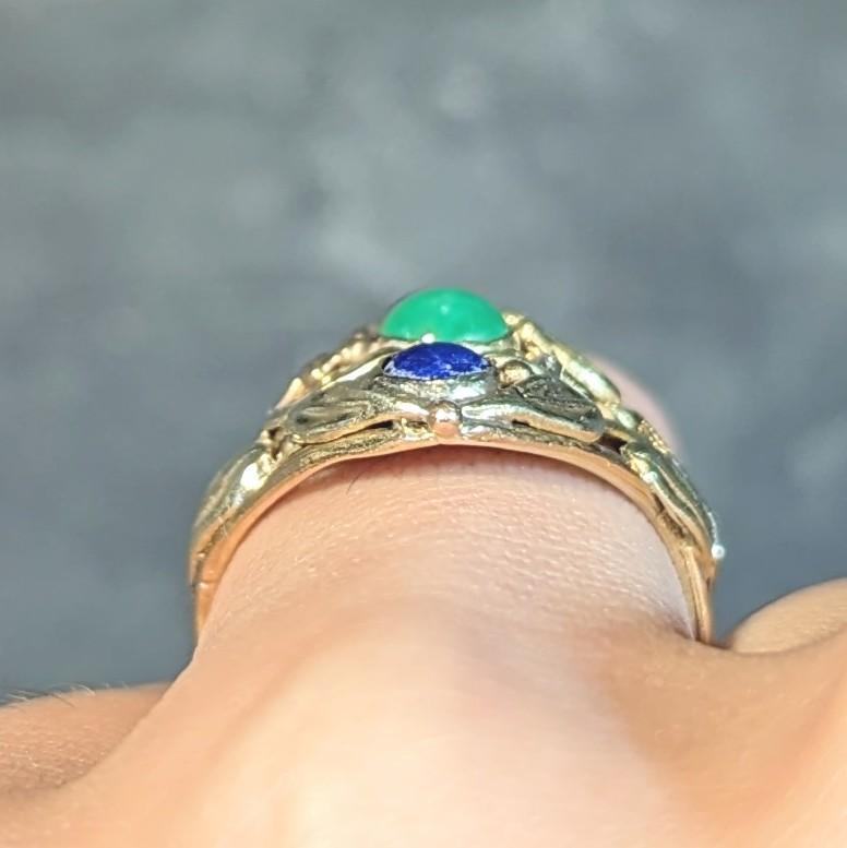 Arts & Crafts Jade Lapis Lazuli 14 Karat Two-Tone Gold Foliate Navette Ring For Sale 7