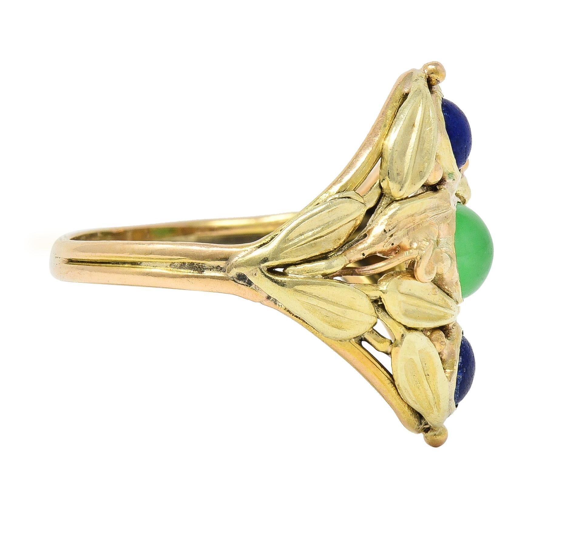 Cabochon Arts & Crafts Jade Lapis Lazuli 14 Karat Two-Tone Gold Foliate Navette Ring For Sale