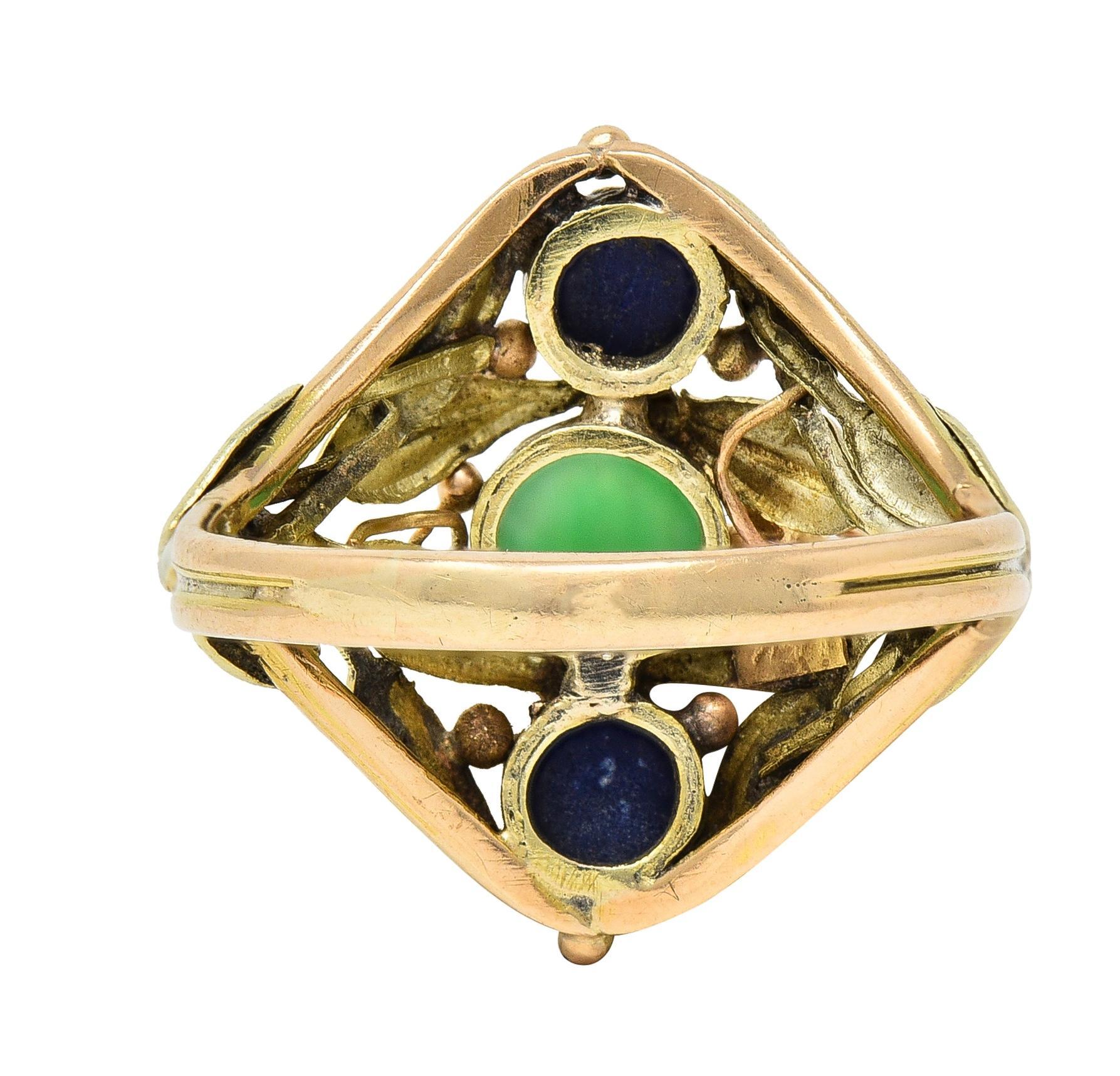 Arts & Crafts Jade Lapis Lazuli 14 Karat Two-Tone Gold Foliate Navette Ring In Excellent Condition For Sale In Philadelphia, PA