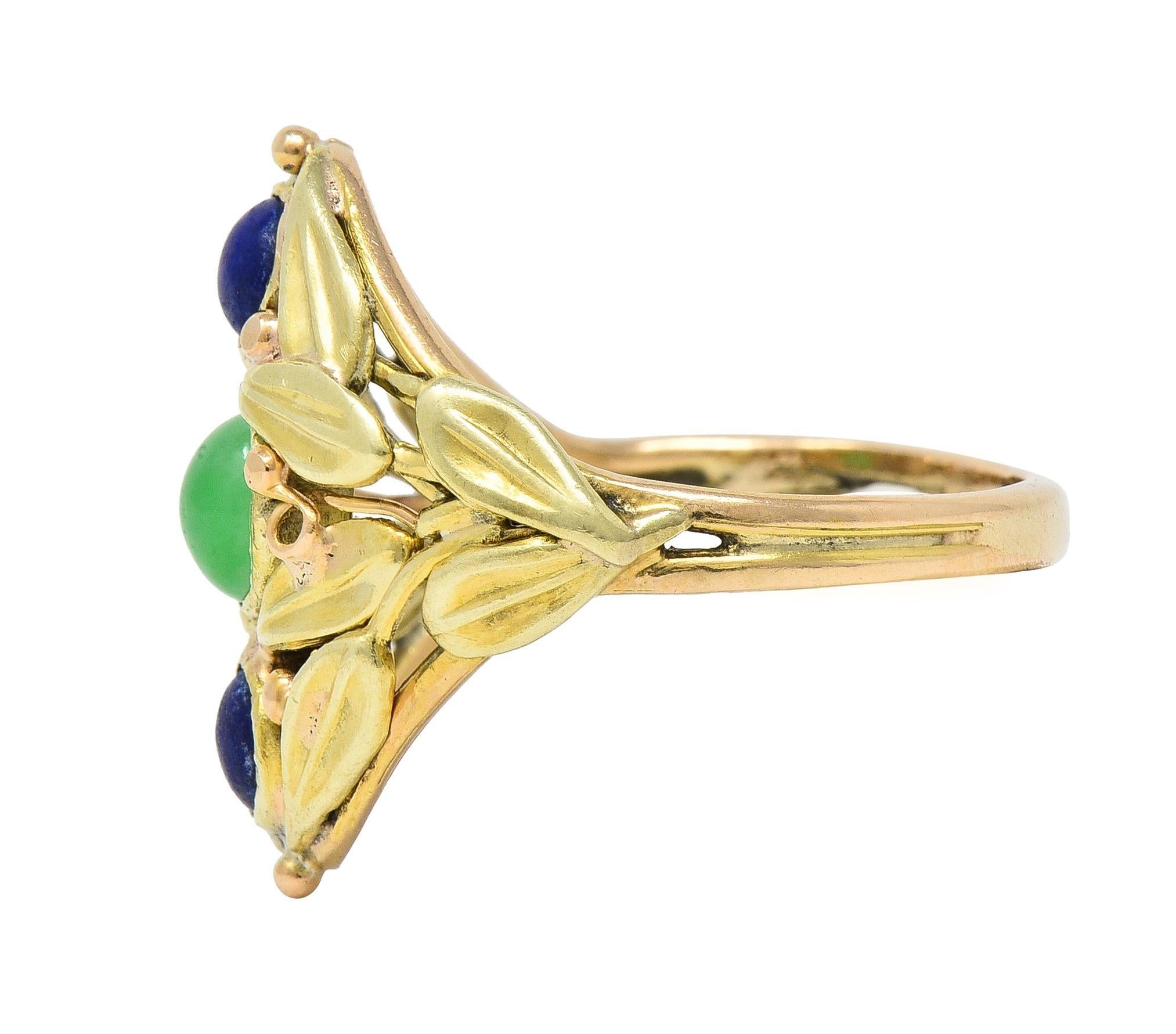 Women's or Men's Arts & Crafts Jade Lapis Lazuli 14 Karat Two-Tone Gold Foliate Navette Ring For Sale