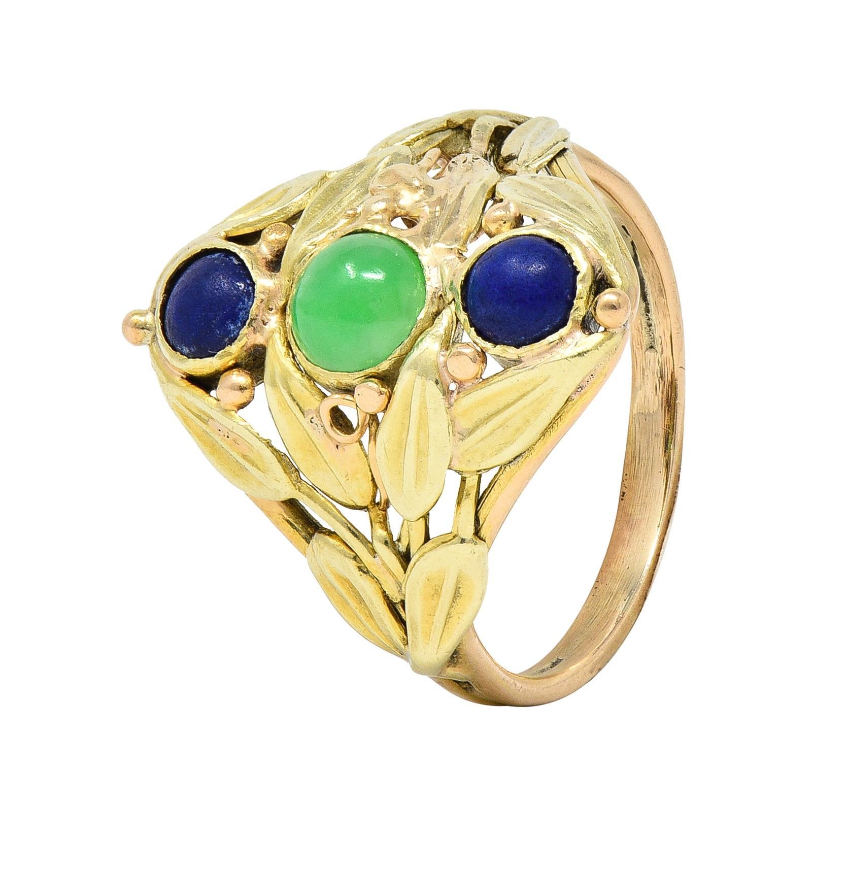 Arts & Crafts Jade Lapis Lazuli 14 Karat Two-Tone Gold Foliate Navette Ring For Sale 2