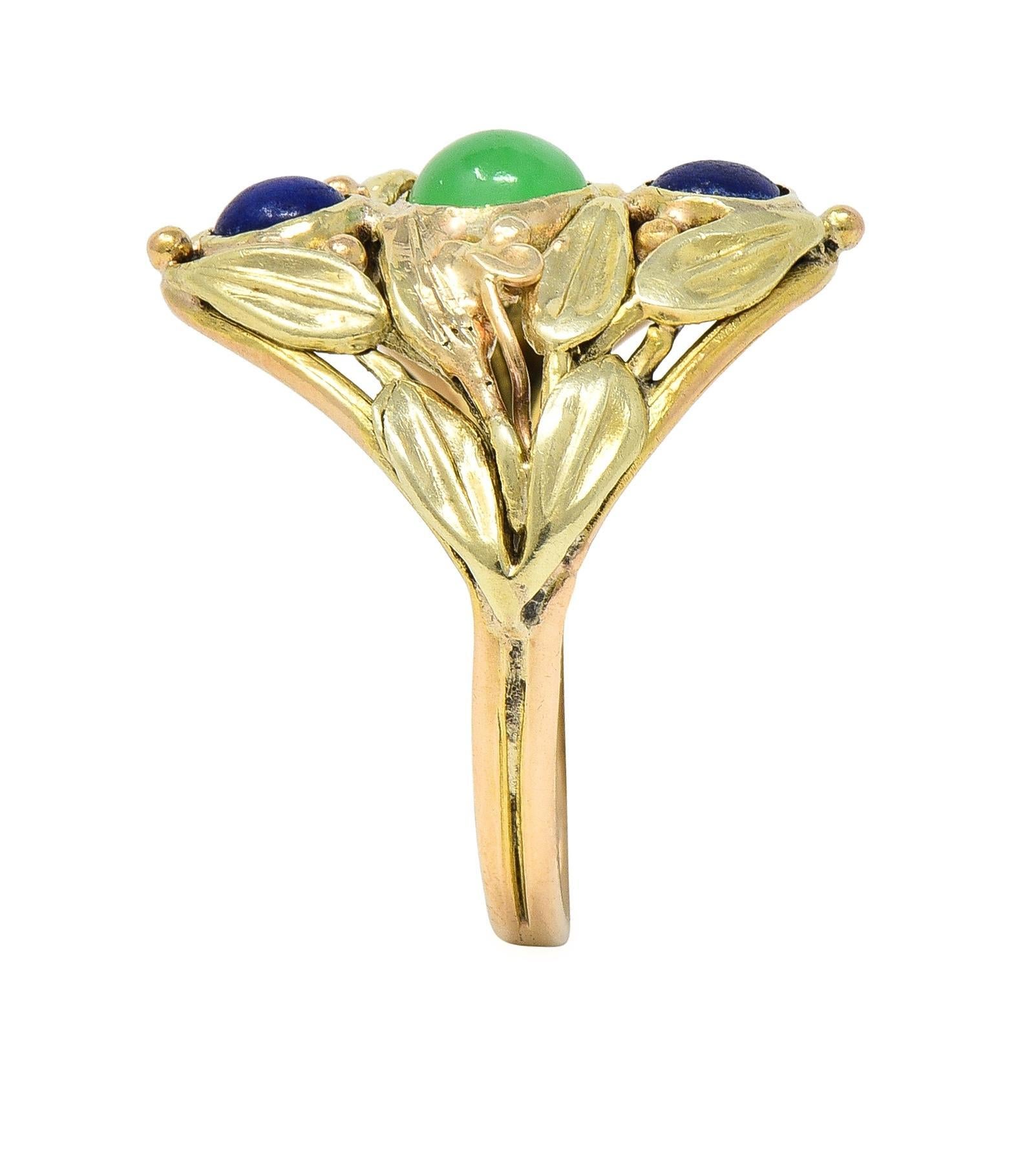 Arts & Crafts Jade Lapis Lazuli 14 Karat Two-Tone Gold Foliate Navette Ring For Sale 3