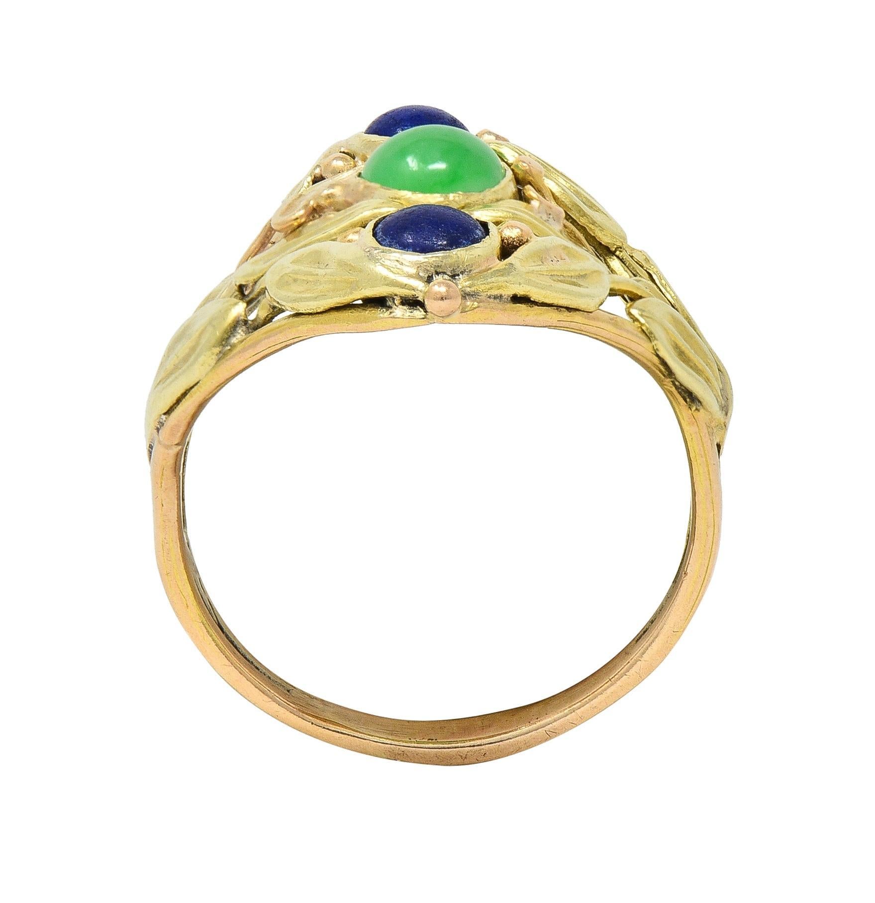 Arts & Crafts Jade Lapis Lazuli 14 Karat Two-Tone Gold Foliate Navette Ring For Sale 4