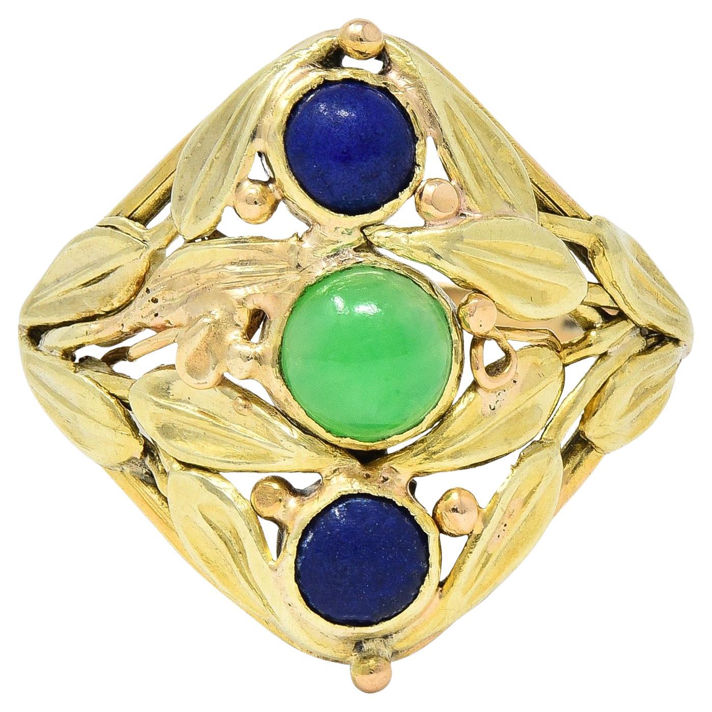 Arts and Crafts Jade Lapislazuli 14 Karat zweifarbiger Gold Navette-Ring mit Blattwerk aus Jade