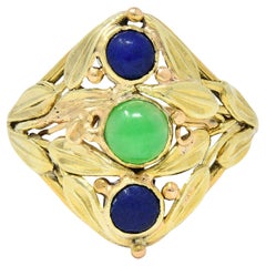 Arts and Crafts Jade Lapislazuli 14 Karat zweifarbiger Gold Navette-Ring mit Blattwerk aus Jade