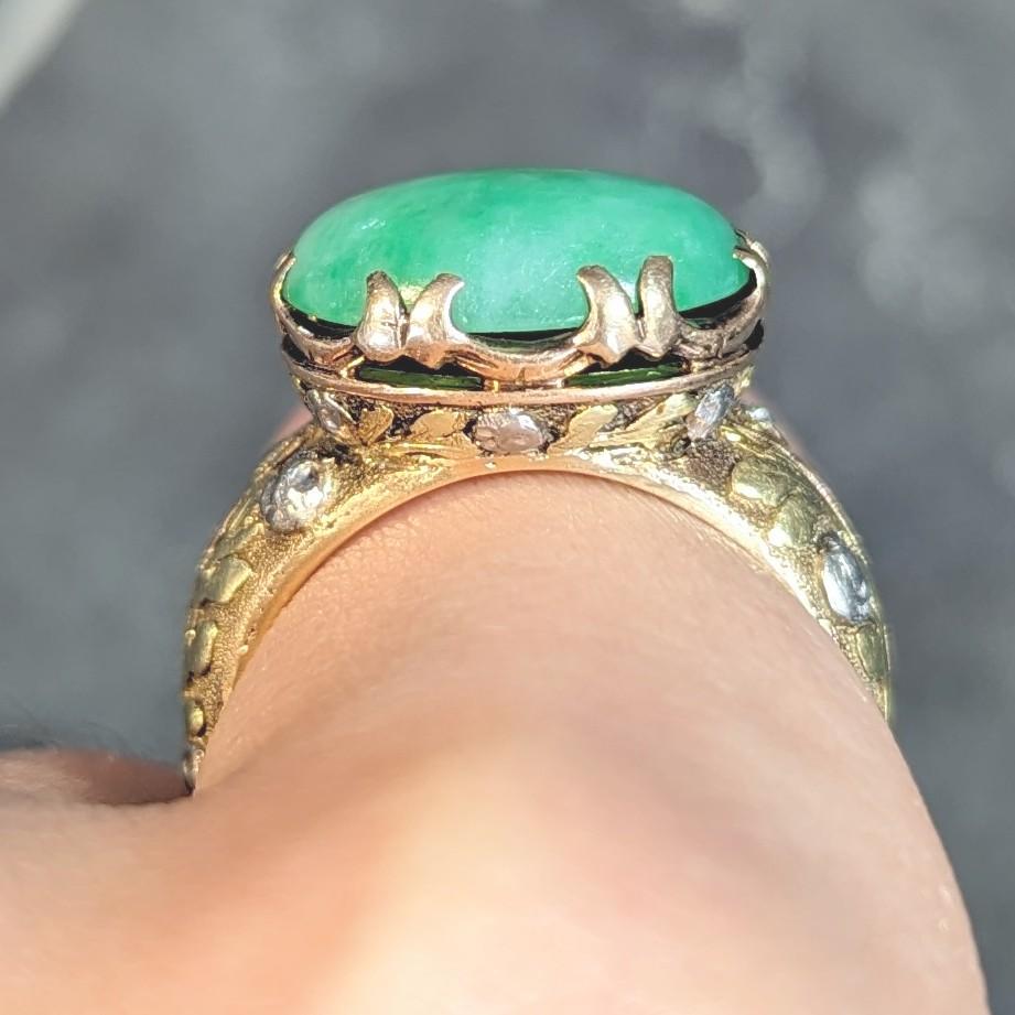 Arts & Crafts Jade Platinum 18 Karat Tri-Colored Gold Rose Antique Ring For Sale 6