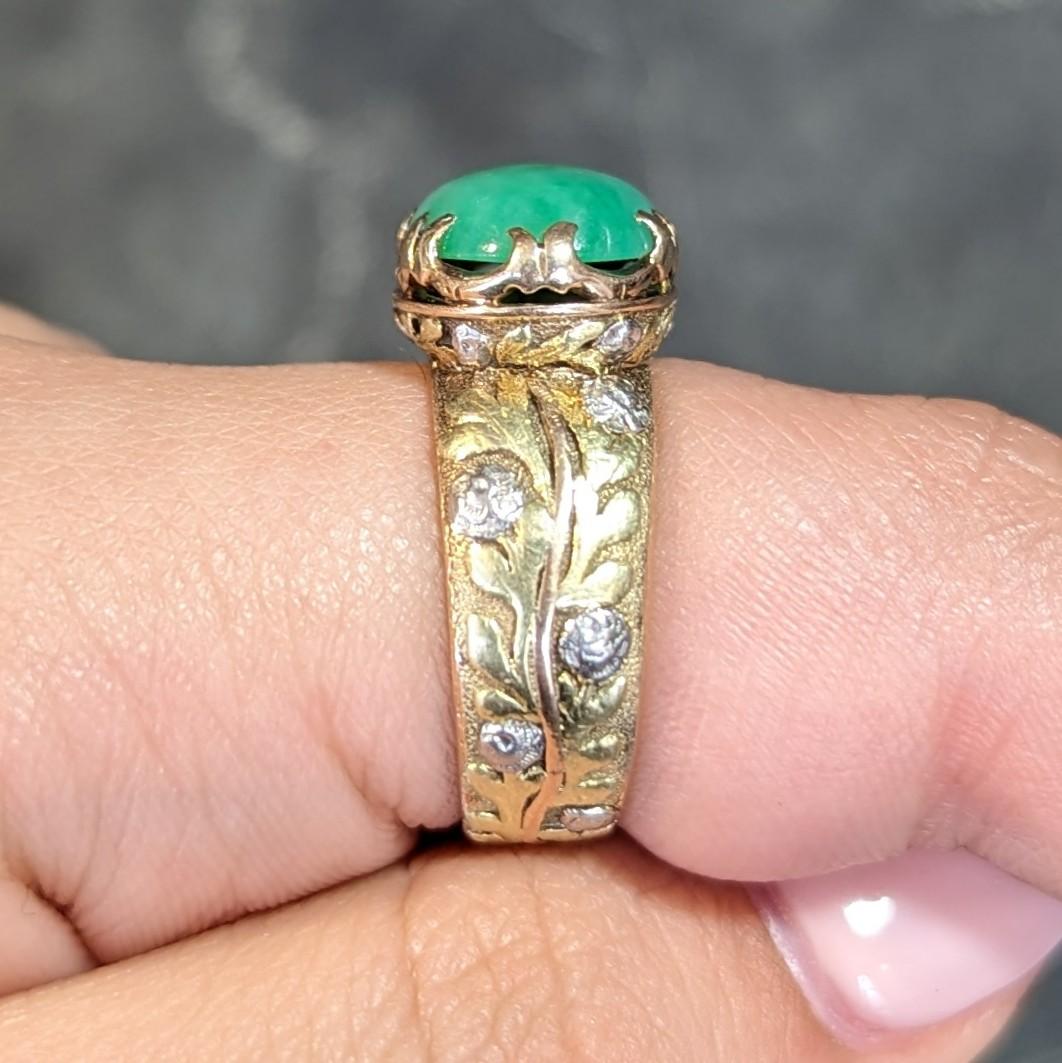 Arts & Crafts Jade Platinum 18 Karat Tri-Colored Gold Rose Antique Ring For Sale 7