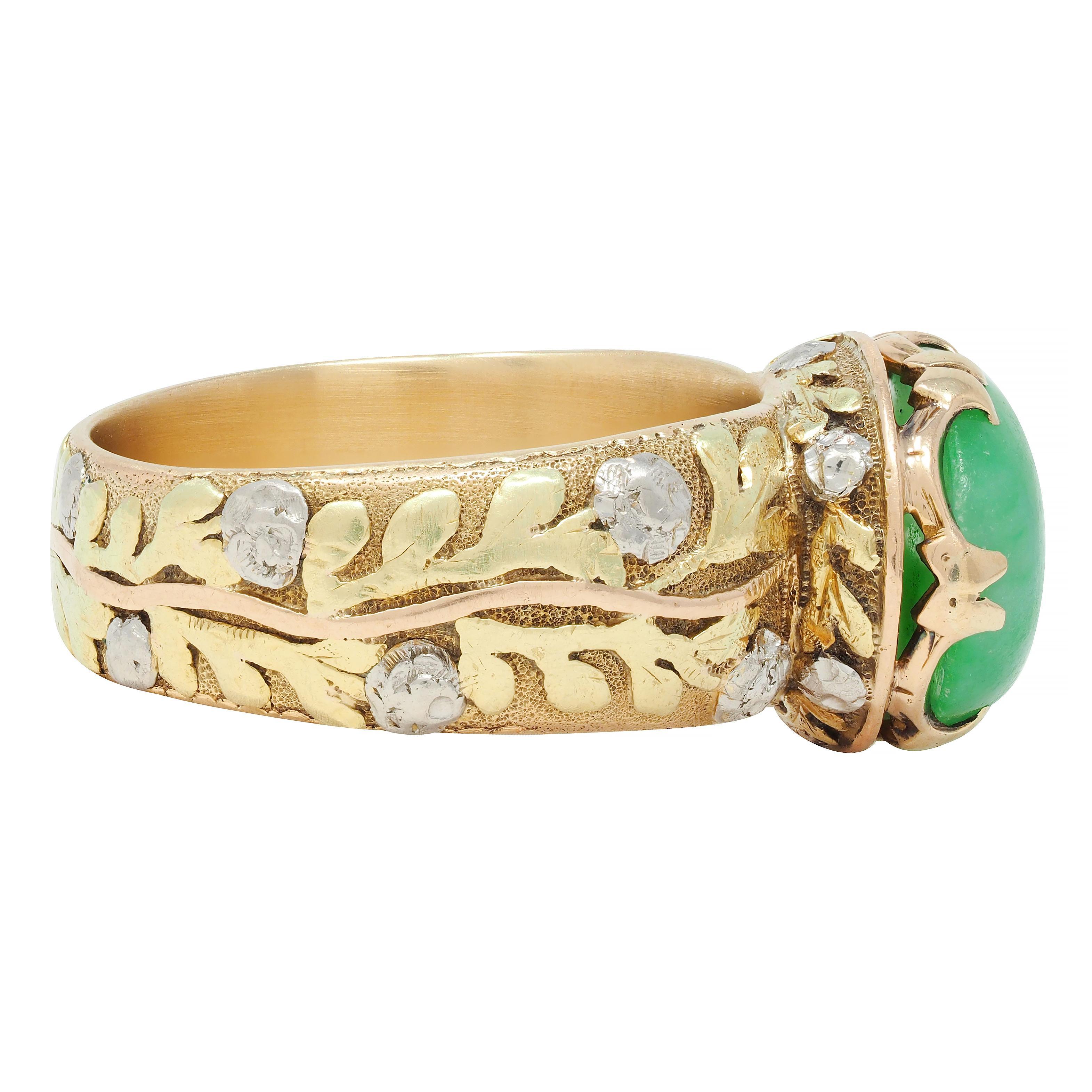 Cabochon Arts & Crafts Jade Platinum 18 Karat Tri-Colored Gold Rose Antique Ring For Sale