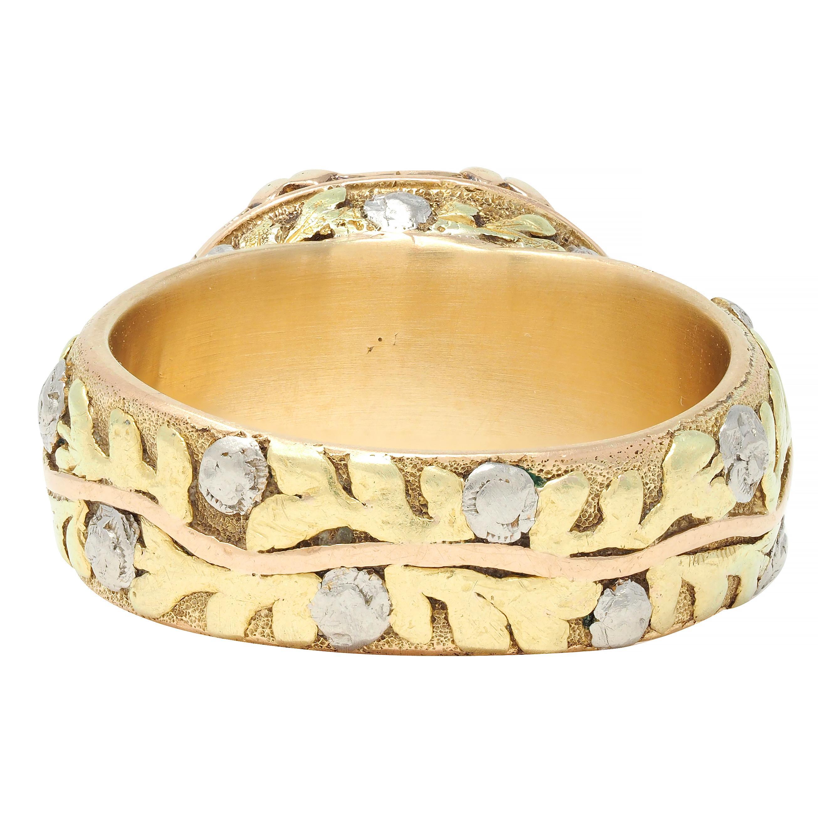 Arts & Crafts Jade Platinum 18 Karat Tri-Colored Gold Rose Antique Ring In Excellent Condition For Sale In Philadelphia, PA