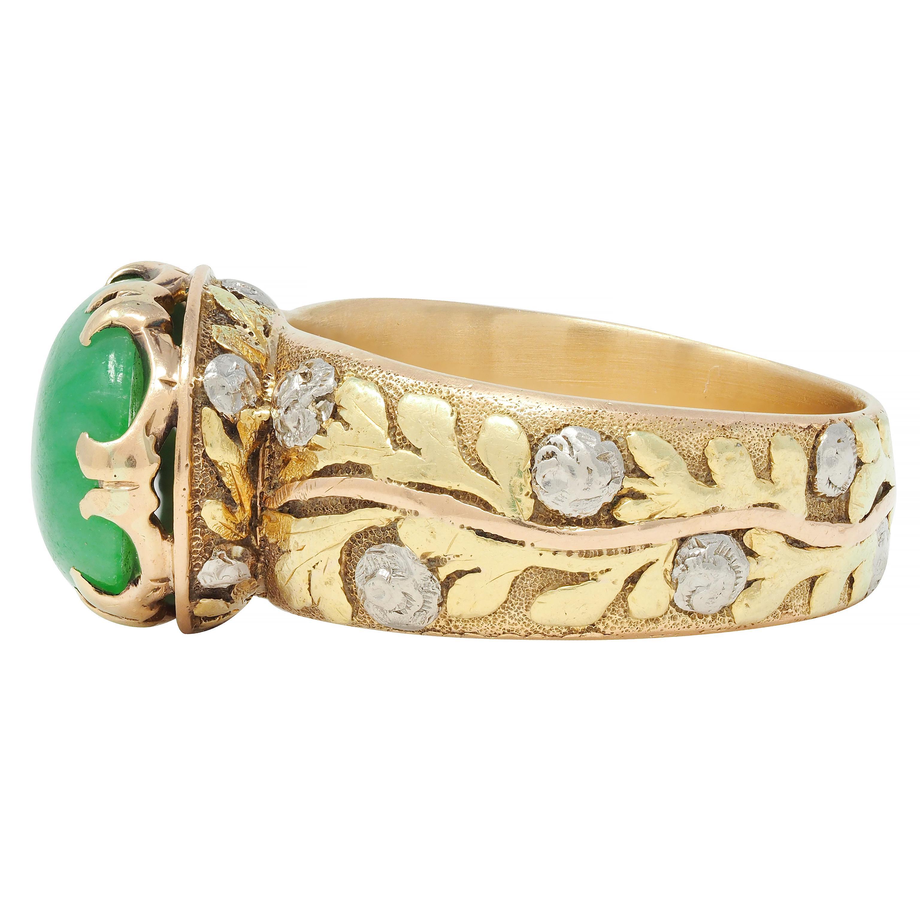 Women's or Men's Arts & Crafts Jade Platinum 18 Karat Tri-Colored Gold Rose Antique Ring For Sale