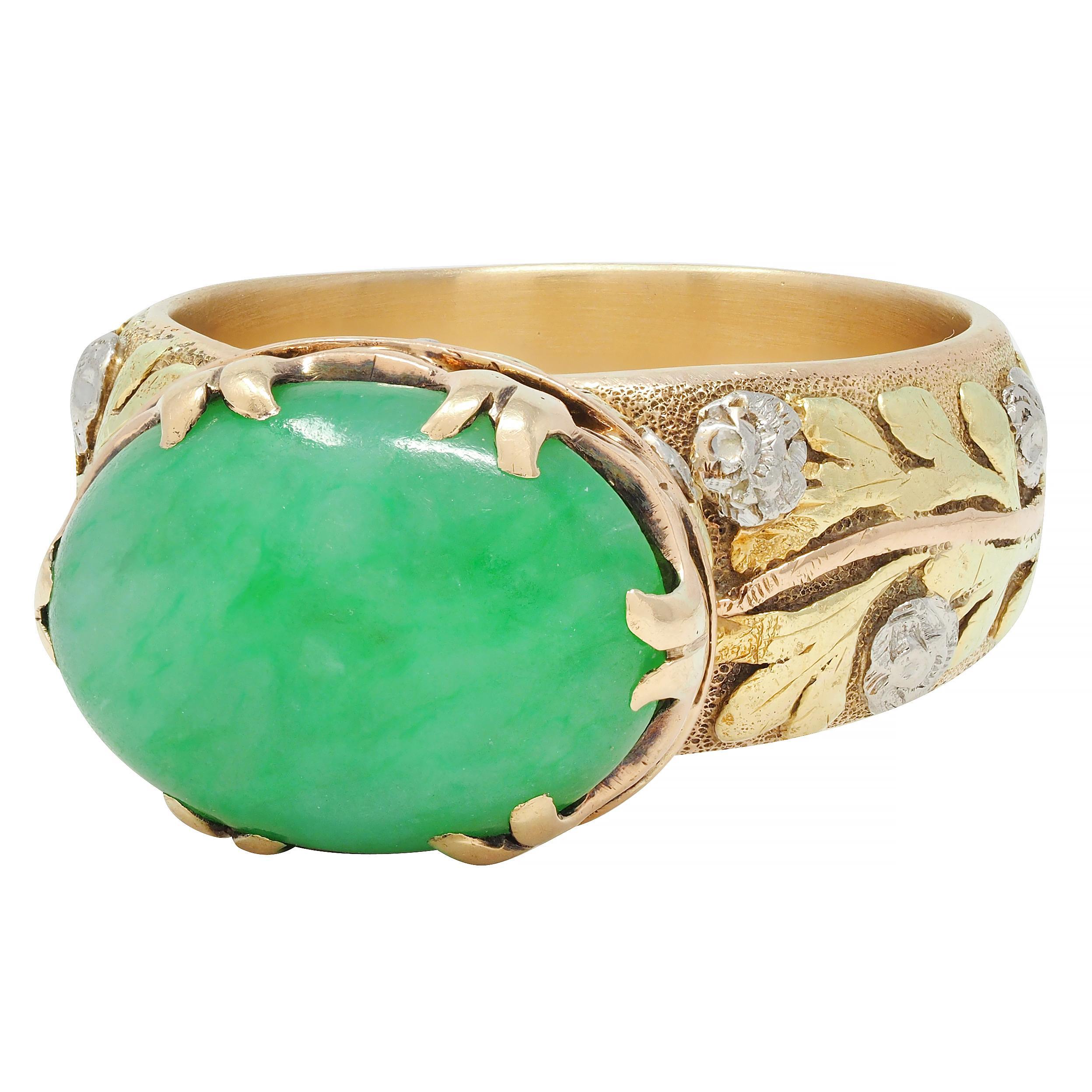 Arts & Crafts Jade Platinum 18 Karat Tri-Colored Gold Rose Antique Ring For Sale 1