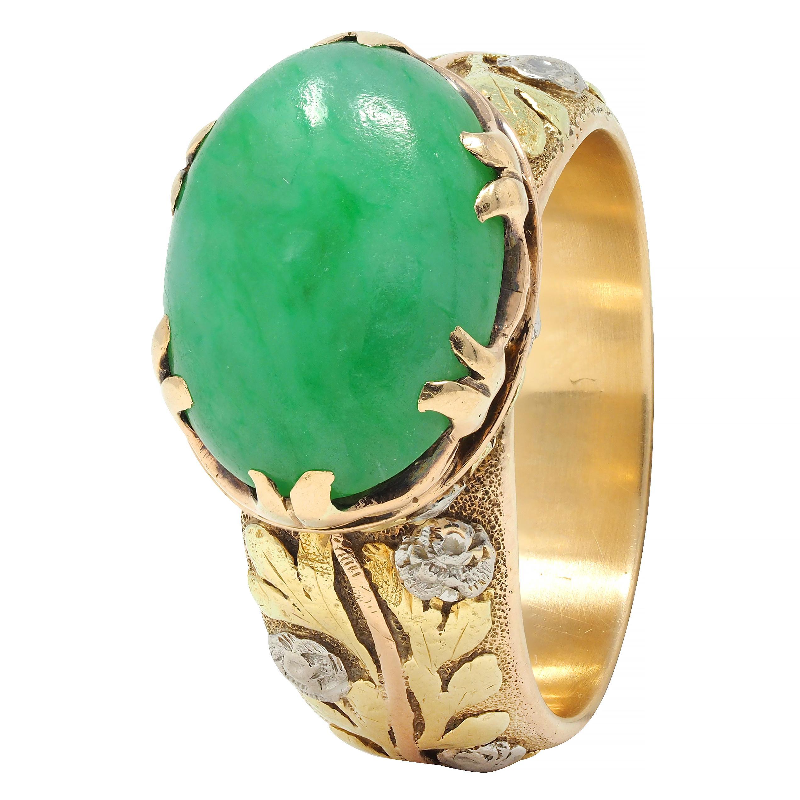Arts & Crafts Jade Platinum 18 Karat Tri-Colored Gold Rose Antique Ring For Sale 2