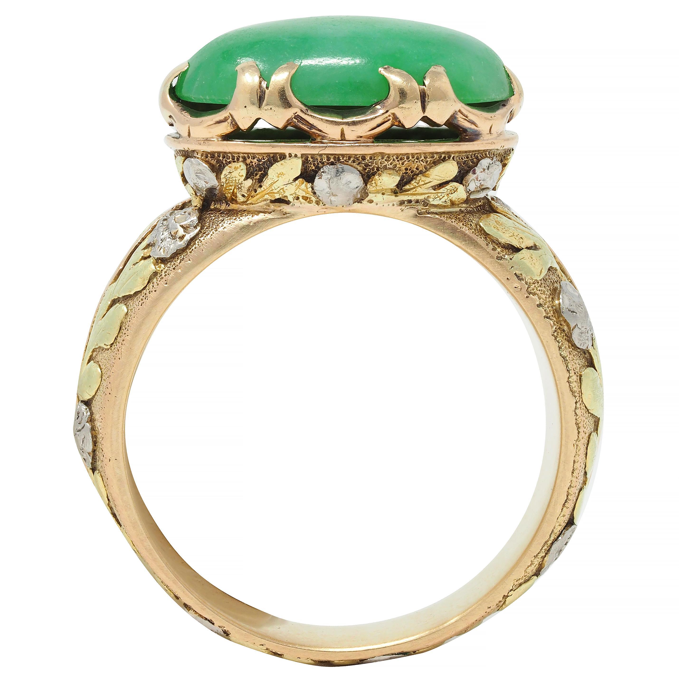 Arts & Crafts Jade Platinum 18 Karat Tri-Colored Gold Rose Antique Ring For Sale 3