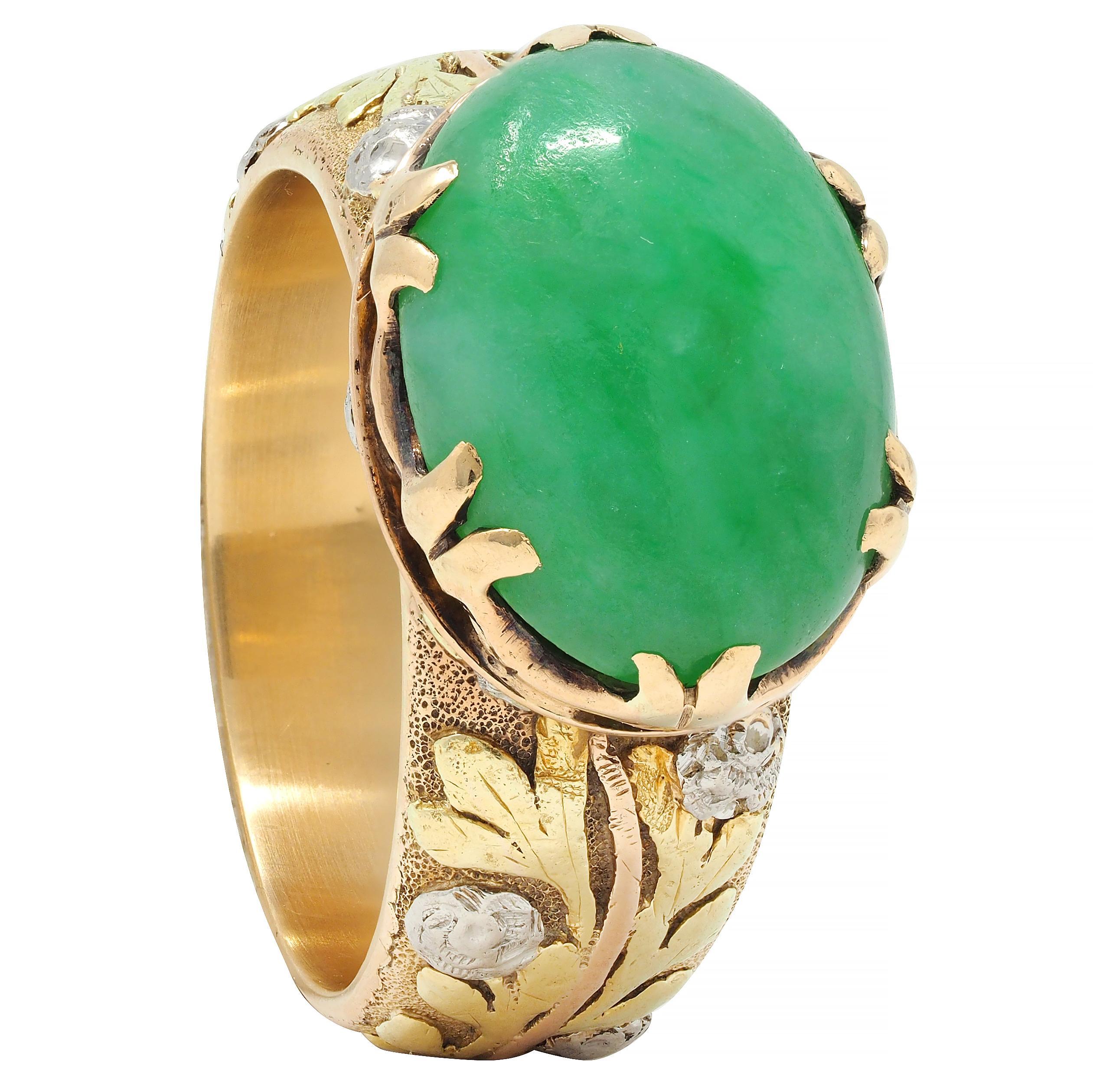 Arts & Crafts Jade Platinum 18 Karat Tri-Colored Gold Rose Antique Ring For Sale 4