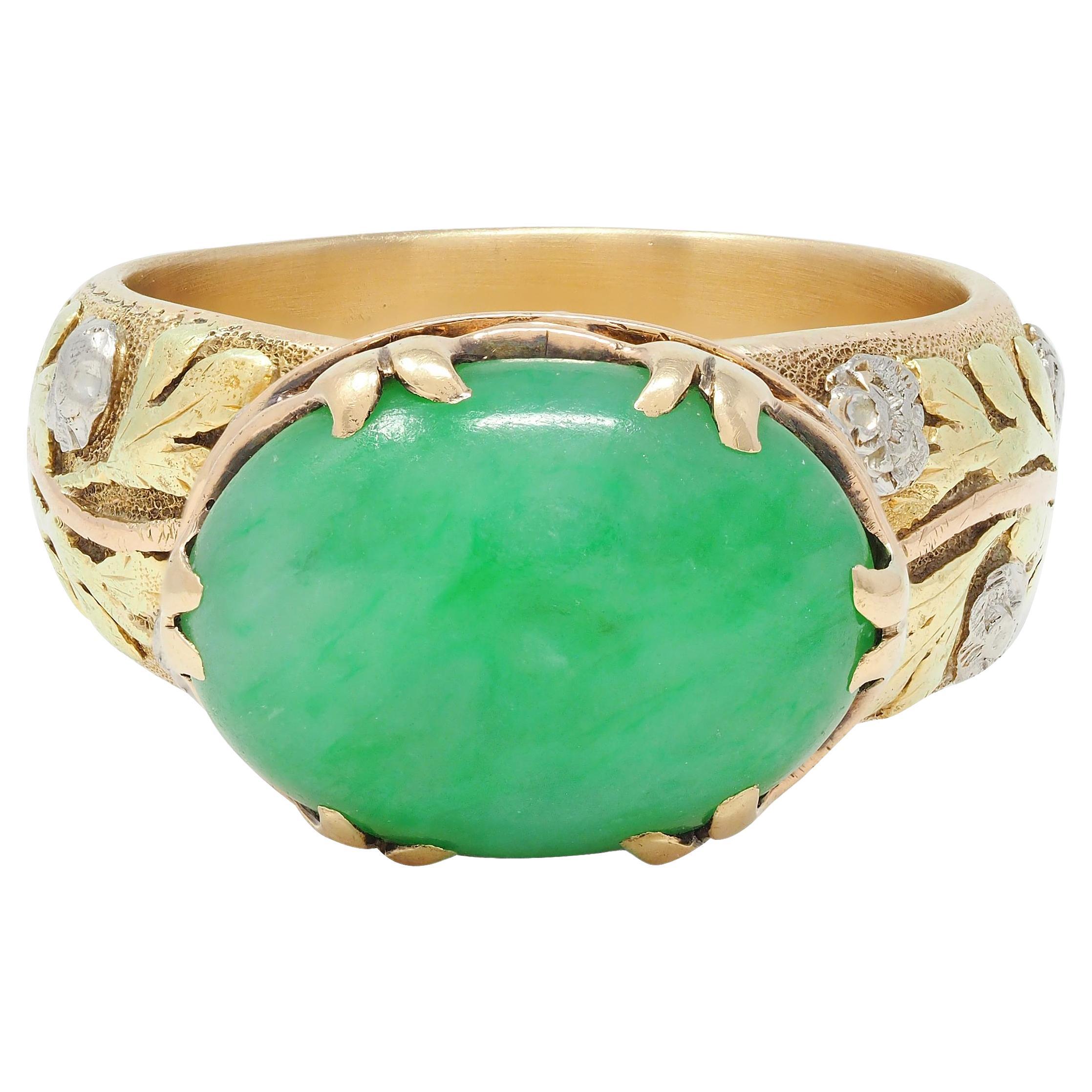 Arts & Crafts Jade Platinum 18 Karat Tri-Colored Gold Rose Antique Ring For Sale